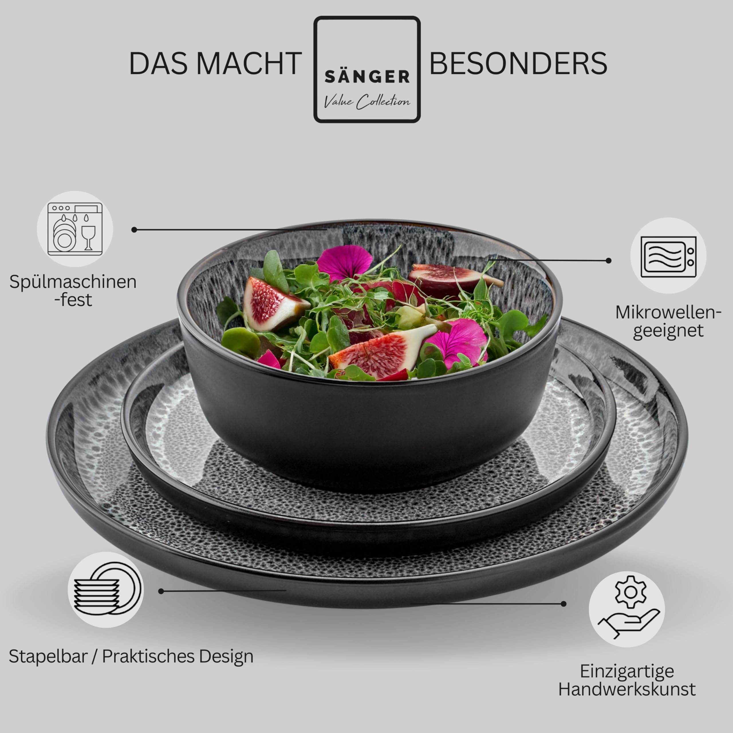 SÄNGER Sydney - Vajilla de loza para 6 personas, 6 platos planos, 6 cuencos para cereales, 6 platos de postre, juego de mesa gris oscuro resistente a los arañazos, value Collection