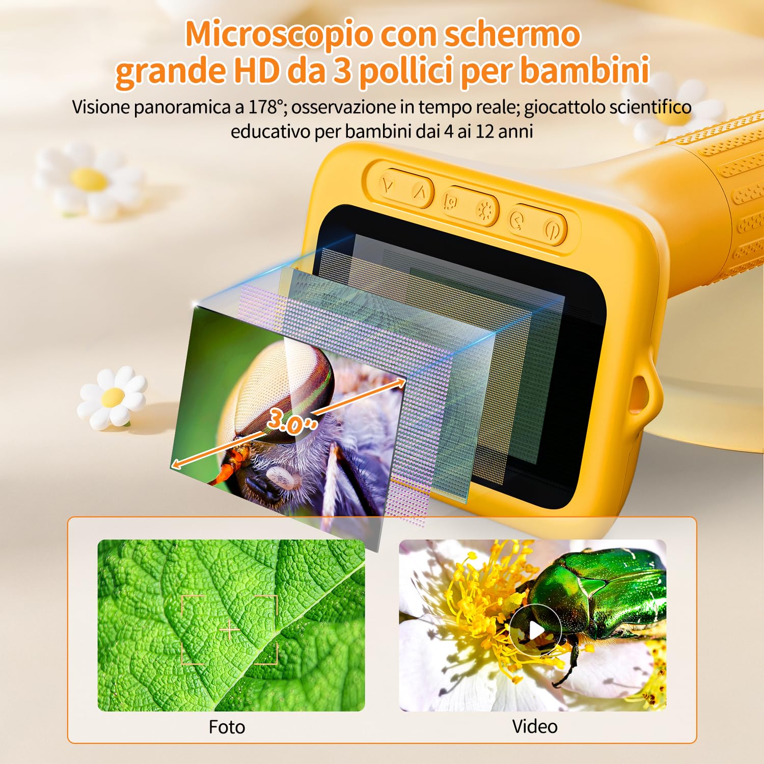 SKYBASIC Microscopio Digitale per Bambini, 1000x Zoom, Schermo 3,0 Pollici, Regalo per Bambini 6-12 Anni (Giallo)