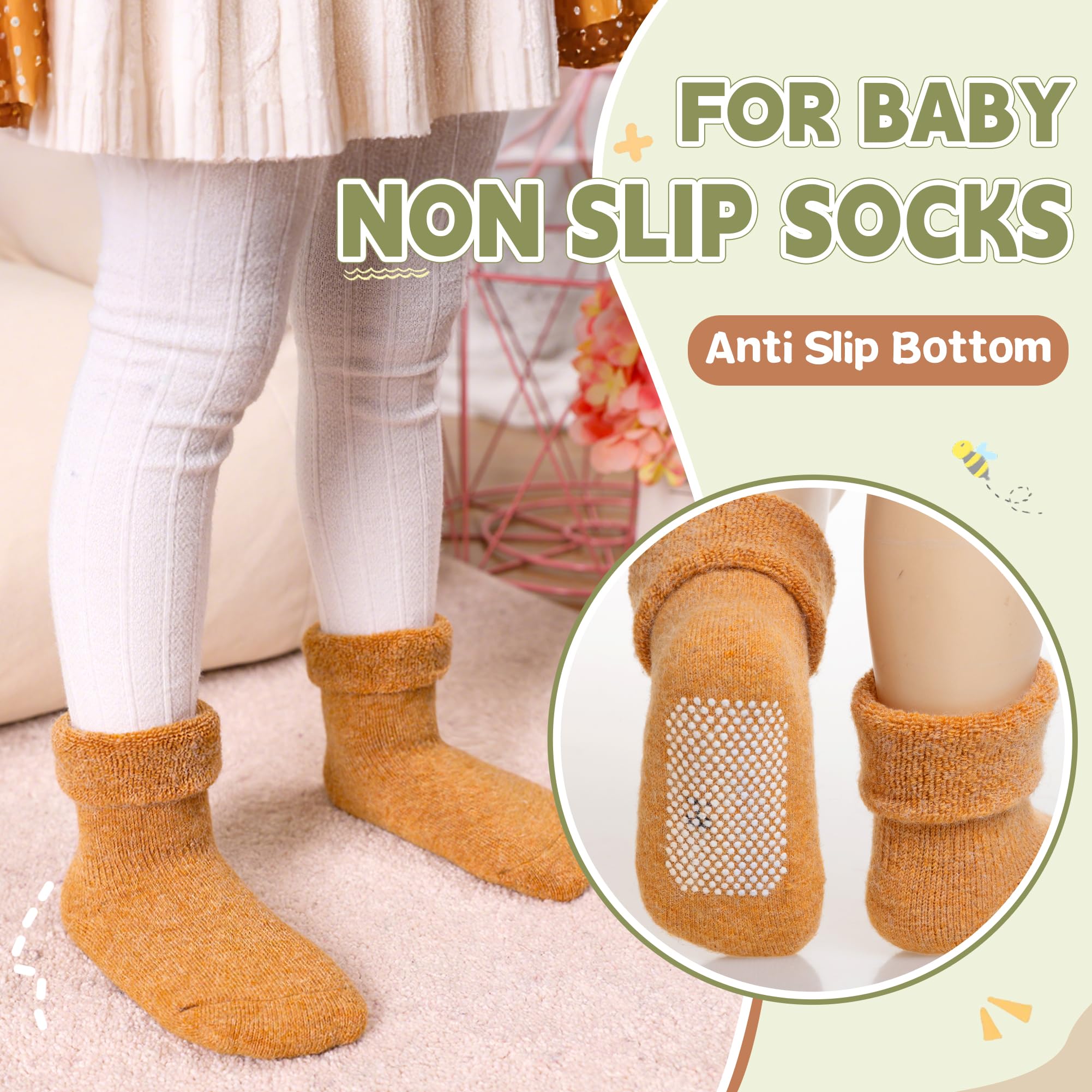 6 pares de calcetines de lana para bebé, suaves, cálidos, gruesos, antideslizantes, para niños pequeños, niñas, cuello redondo, 6 pares, color B, 0-12 meses, Color B, 0-12 Meses