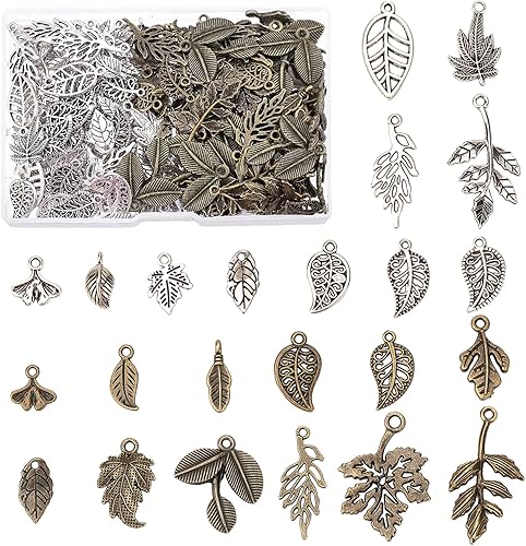 Miniatura 7 de PH PandaHall 184 dijes de hojas de 23 estilos, dijes de hojas de árbol tibetano, abalorios de ramas de cuentas de metal para collar de primavera,
