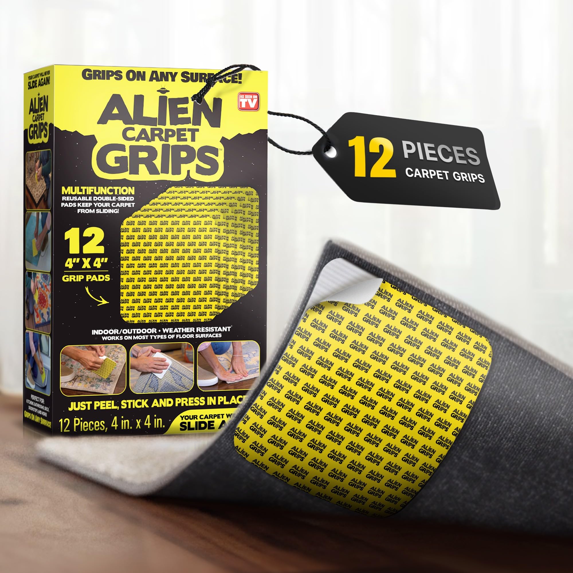 Alien Grip Rug Gripper Carpet Tape - 12pcs 4x4 in Anti-Slip Hardwood Tile Floor No Damage - Double