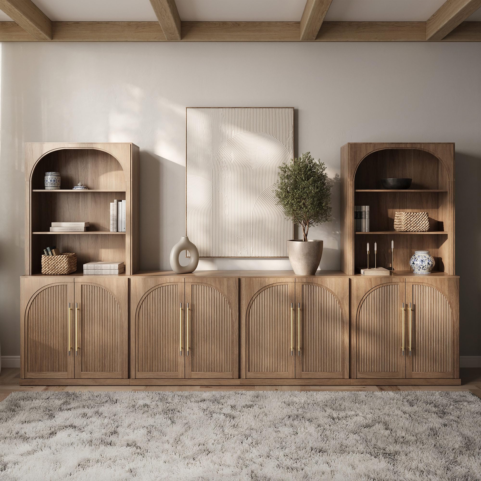 BELLEZE Jagger 130" Wall Unit 6-Piece Modular TV Stand - Camel