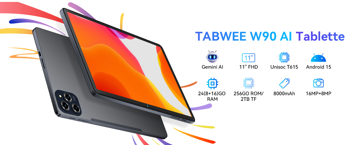 TABWEE W90 Android 15 Tablette Tactile 11 Pouces - 24 Go+256 Go