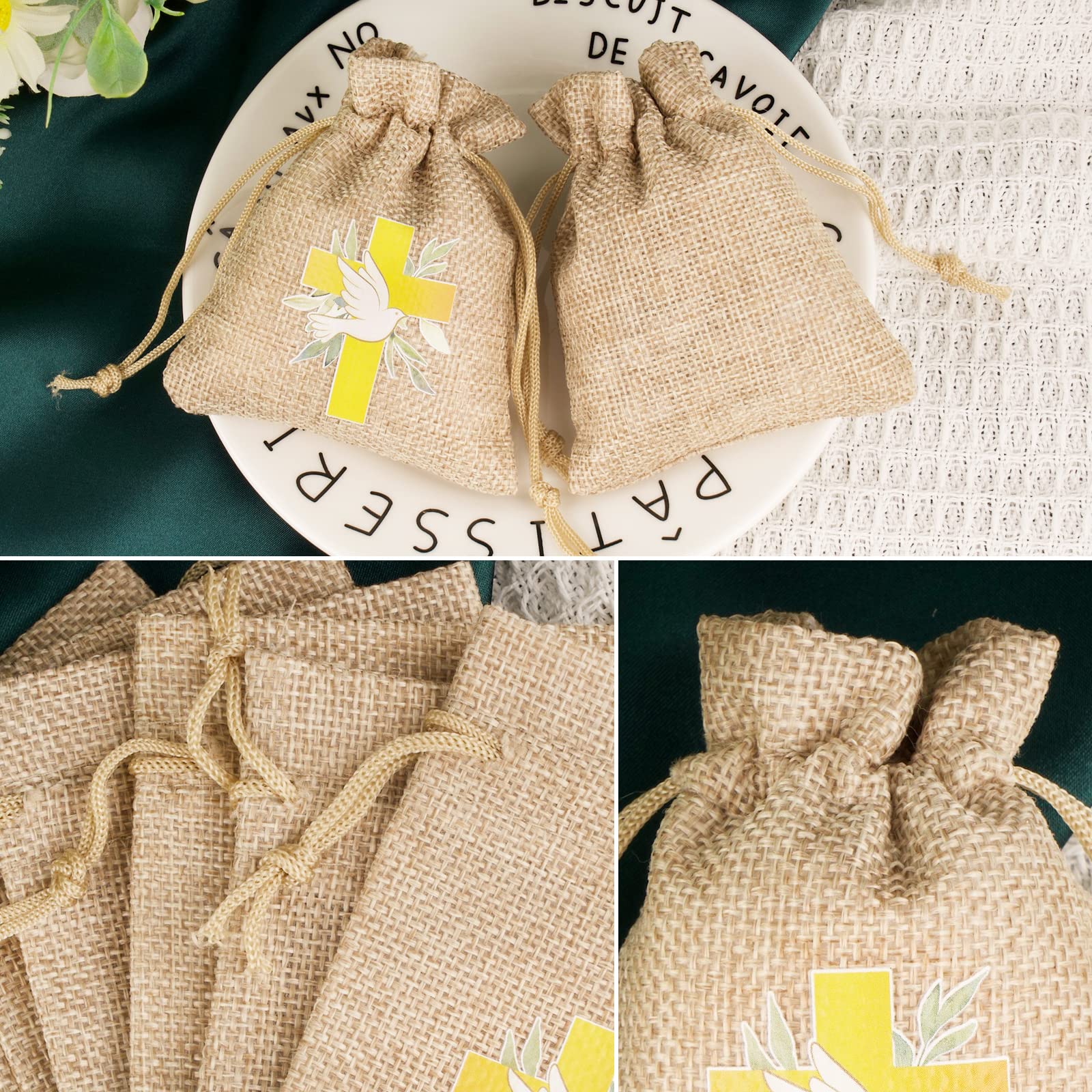 BETESSIN 24pcs Sachet Dragée Jute Pochette Communion Baptême 8x10cm Toile Chanvre Confirmation Sac Poche Bijoux Bonbon Chocolat Cadeau Perle Faveur Décoration Fête Communion
