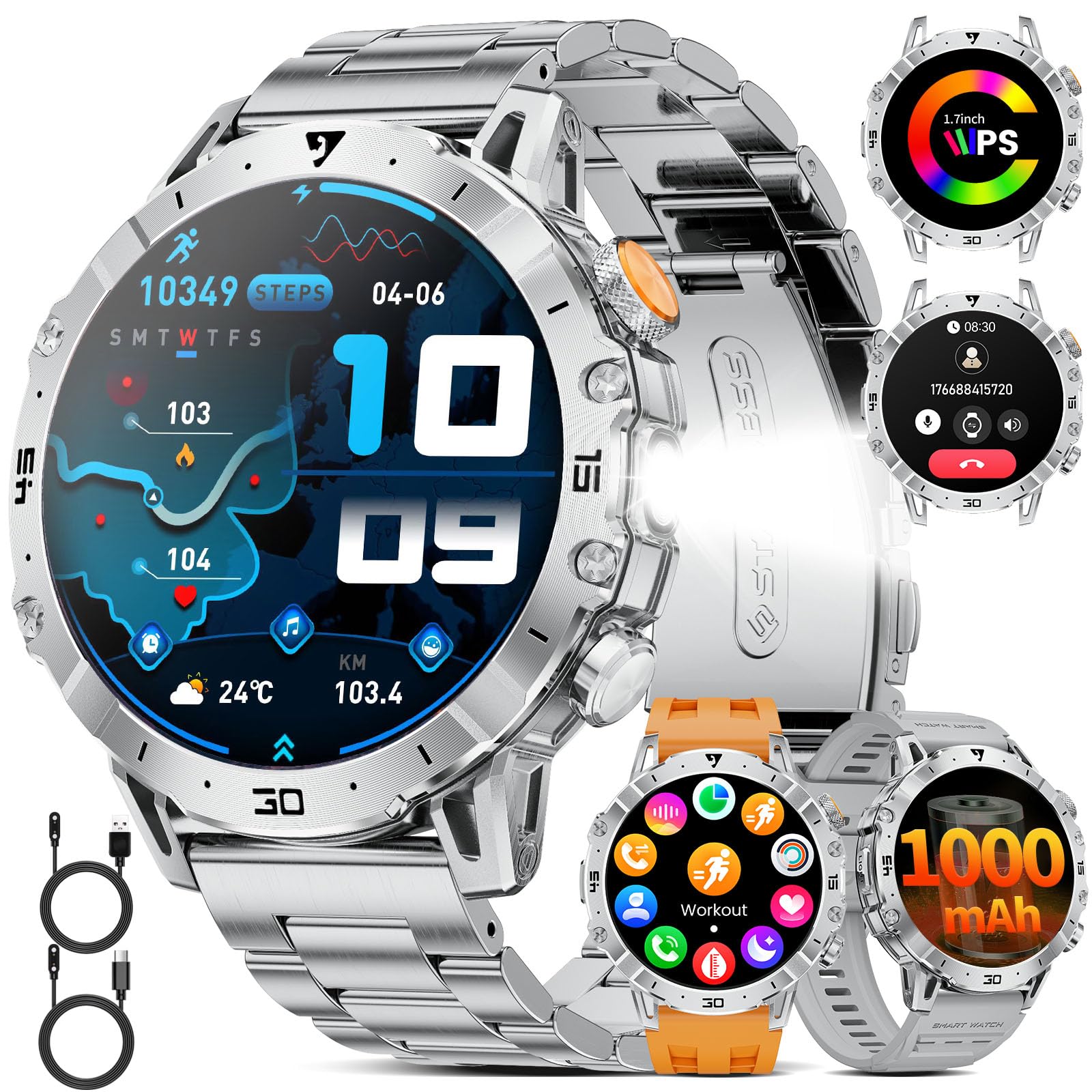 Smart Watch for Men with 1000mAh Large Battery, 1.7 Inch HD Display Phone Function LED Flashlight Waterproof Military Fitness Tracker Frequency Monitor