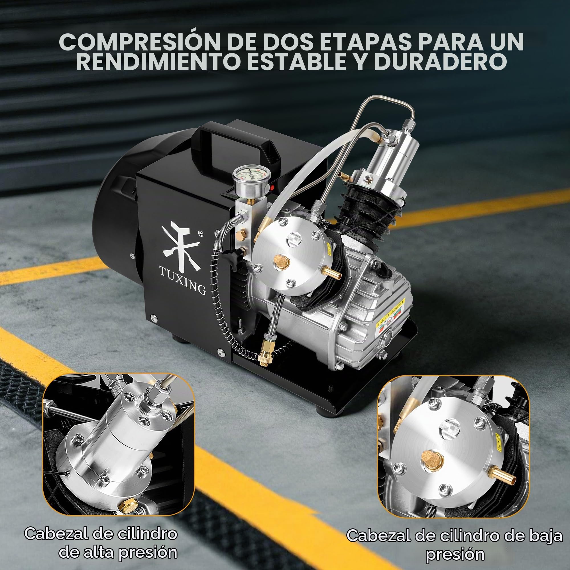 Compresor de aire TUXING 4500Psi Pcp, compresor de aire de tanque de buceo, compresor de aire de alta presión de mini cilindro doble para llenado de tanque de paintball/buceo 220 V (TXEDM041)