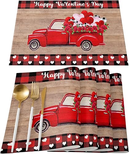 Hostline - Juego de 6 manteles individuales para el día de San Valentín para mesa de comedor, camión rojo sobre tablero de madera rojo y negro con