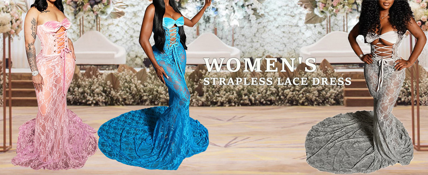 Amazon.com: Lace Maxi Dress Strapless Bodycon Mesh See Through Lace up  Corset Dress Tube Sheer Mermaid Sexy Party Maxi Dresses Black : Clothing,  Shoes & Jewelry