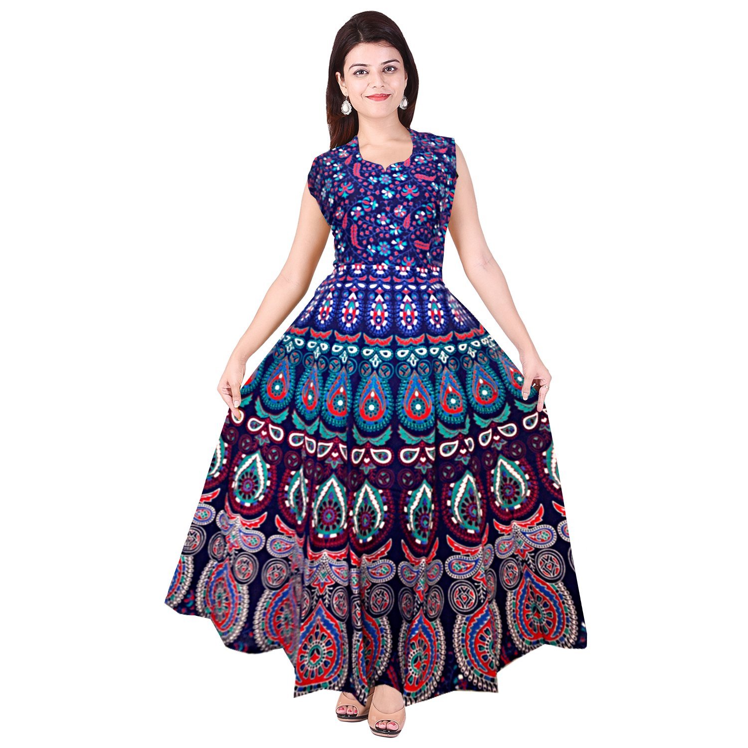 Women Fit and Flare Cotton Fabric Printed A-Line Maxi Midi Western Long Gown jaipuri printed jaipuri dress Blue-image-42