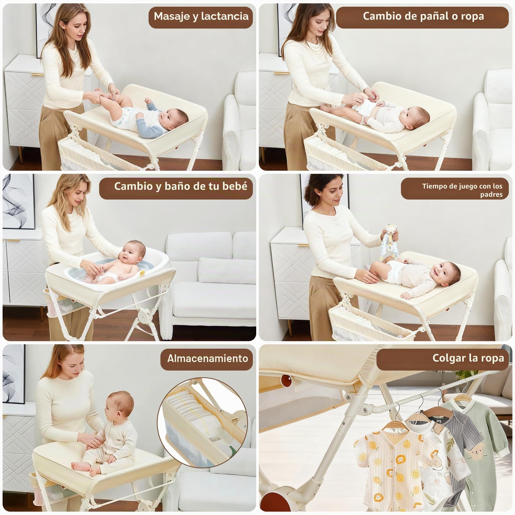 Mesa cambiador para bebé, 69 x 68,8 x 107 cm, con cinturón de seguridad, cuatro ruedas con frenos y una cesta lateral, para recién nacidos, color beige
