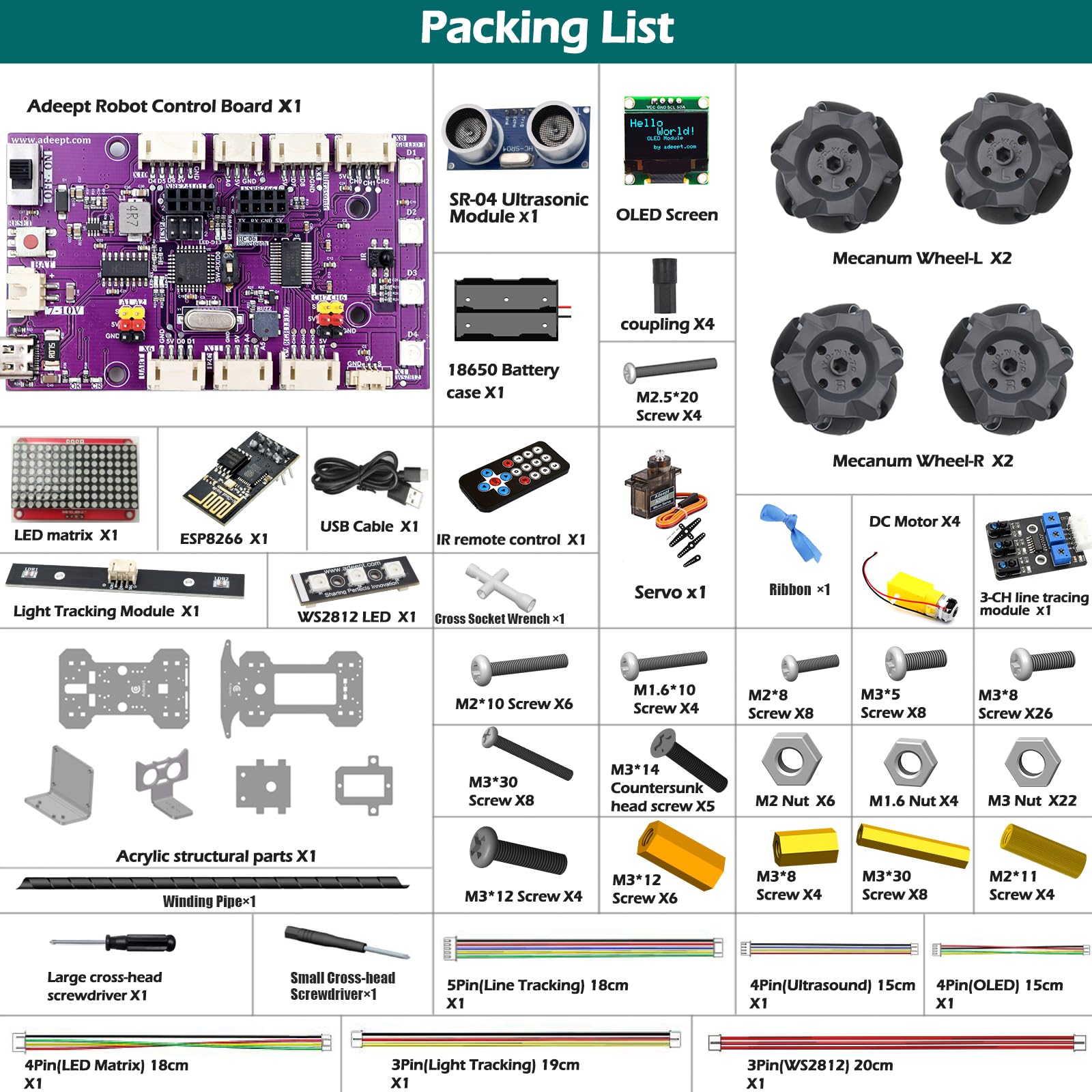 Adeept Mecanum Wheel Smart Car Kit (kompatybilny z Arduino IDE), śledzenie linii, śledzenie światła, unikanie przeszkód, silnik serwo, wyświetlacz OLED, brzęczyk, wyświetlacz LED Dot Matrix