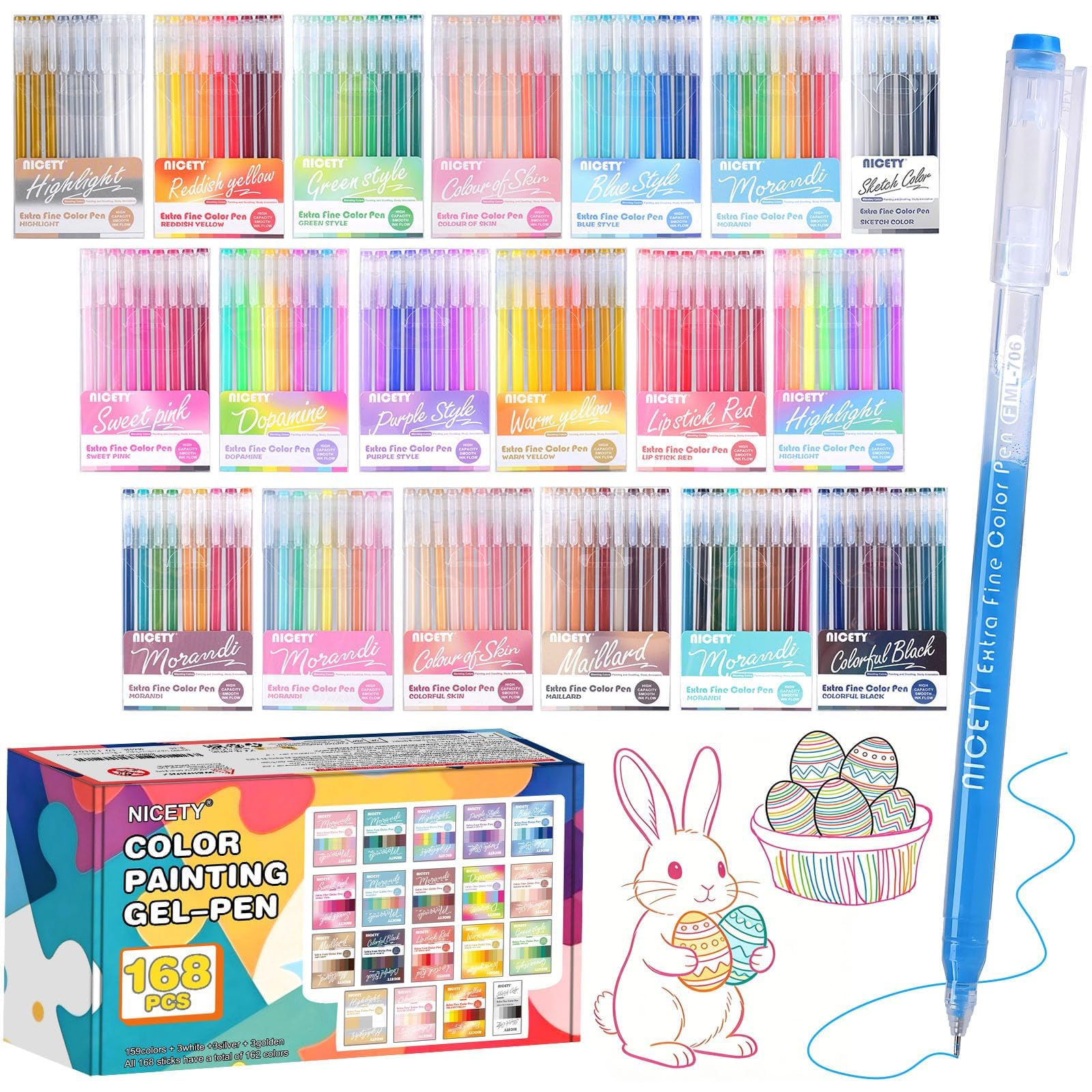 NICETY 168 Gelstifte Set – Gel Pens Gelschreiber mit 0,5mm Feiner Spitze & 162 Farben (159 Farben + 3 Weiß/3 Silber/3 Gold) – Gel Stift Set zum Malen, Schreiben & Journaling für Erwachsene & Kinder