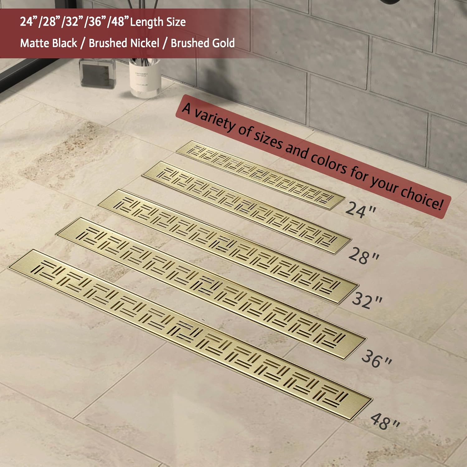 32 Inch Linear Shower Drain, Brushed Gold Shower Drain,Removable Grate, 304 Stainless Steel, Easy to Install and Clean for Bathrooms (Drain Base Not Included), LSD-14A-32G