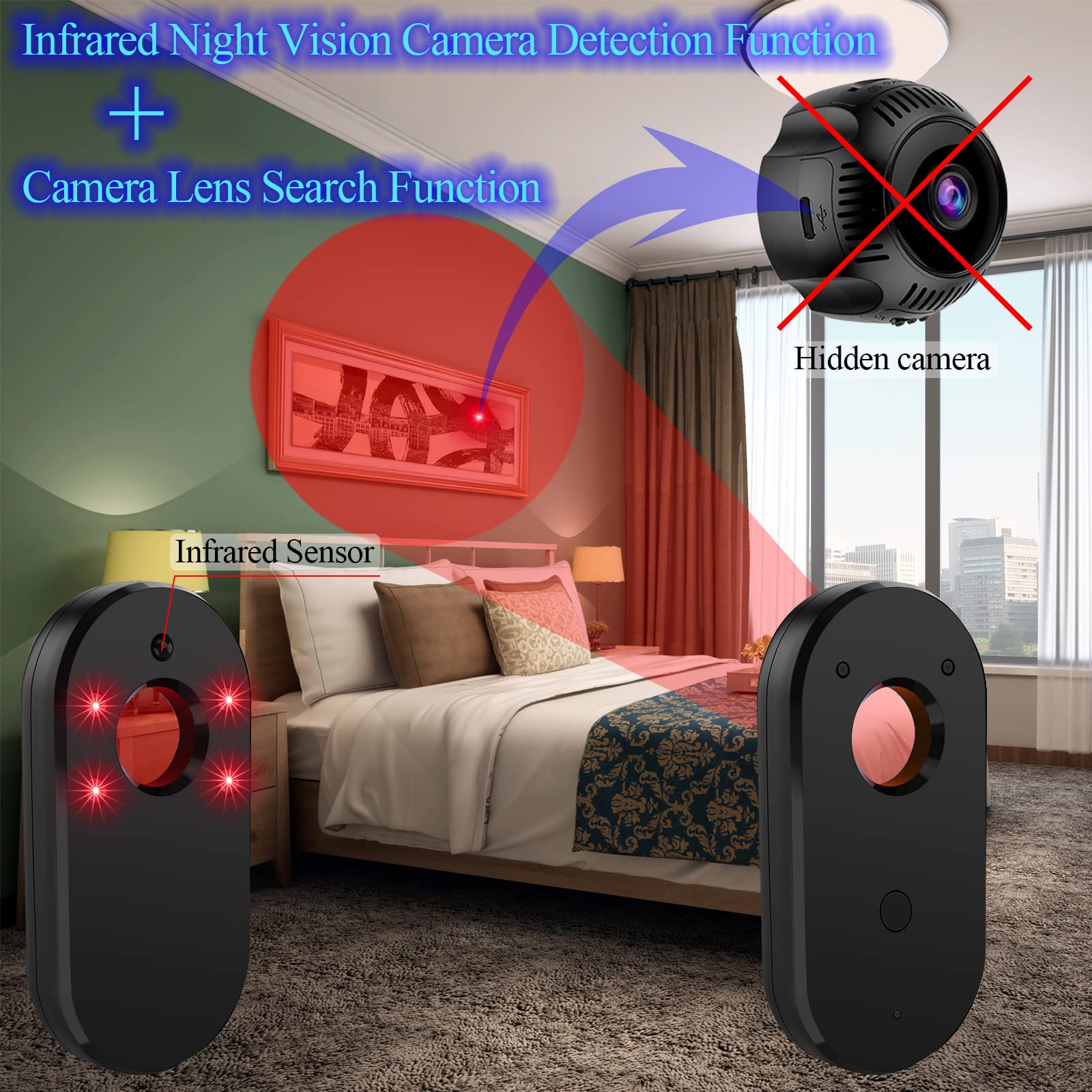 Détecteur de Micro Espion et de Caméra Cachée, Détecteur RF et de Traceur GPS pour Voiture avec Détection Magnétique, Portable Rechargeable pour Hôtel, Bureau, Maison et Voyage, Noir