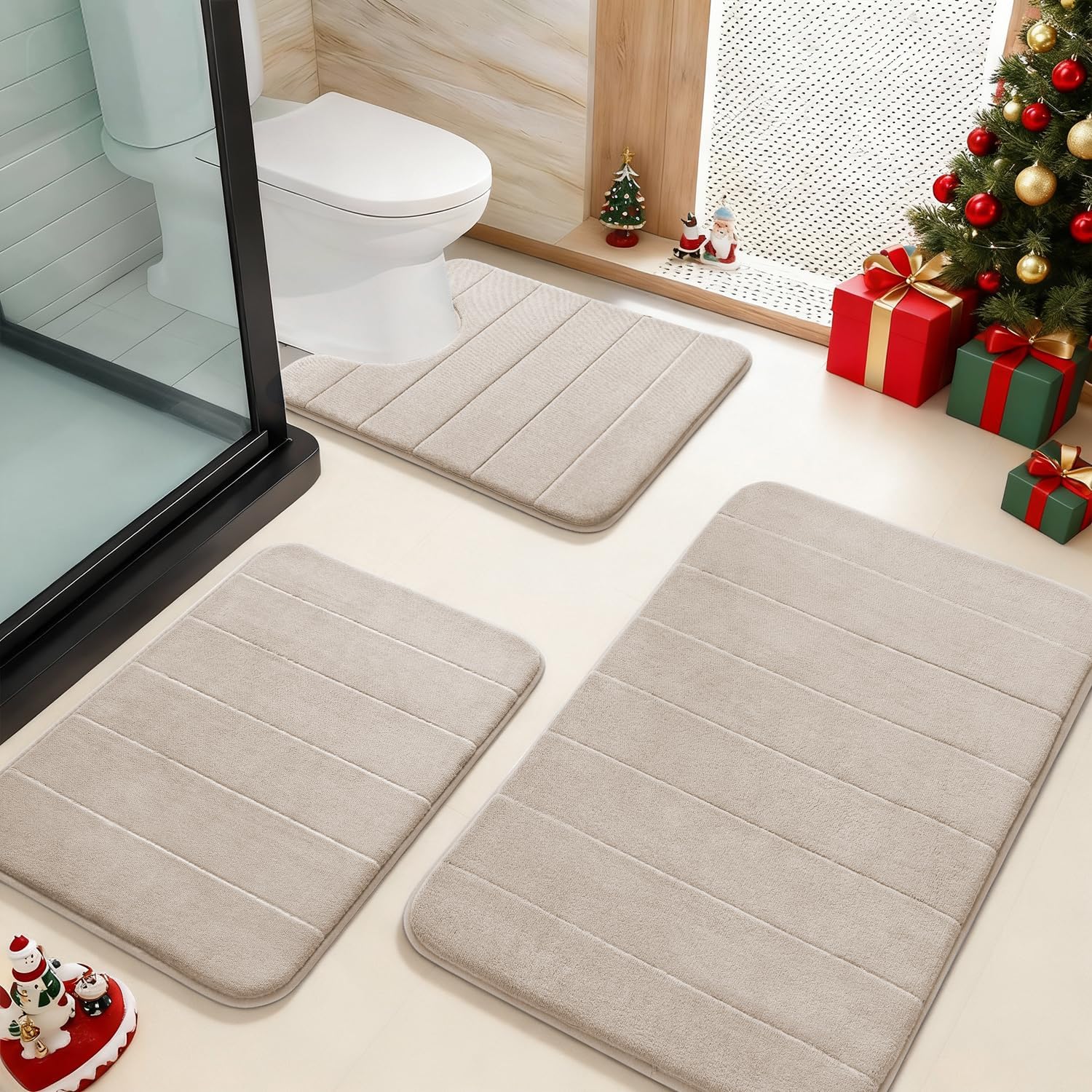 Yimobra Memory Foam Bath Mat Set 3 Pieces- Super Soft Absorbent Quick Dry Bathroom Rug Sets, Machine Washable Non Slip Floor Carpet for Tub Shower, Vanity & Toilet Base, Beige Beige 31.5''x20'' +17''x24'' + 24''x20''