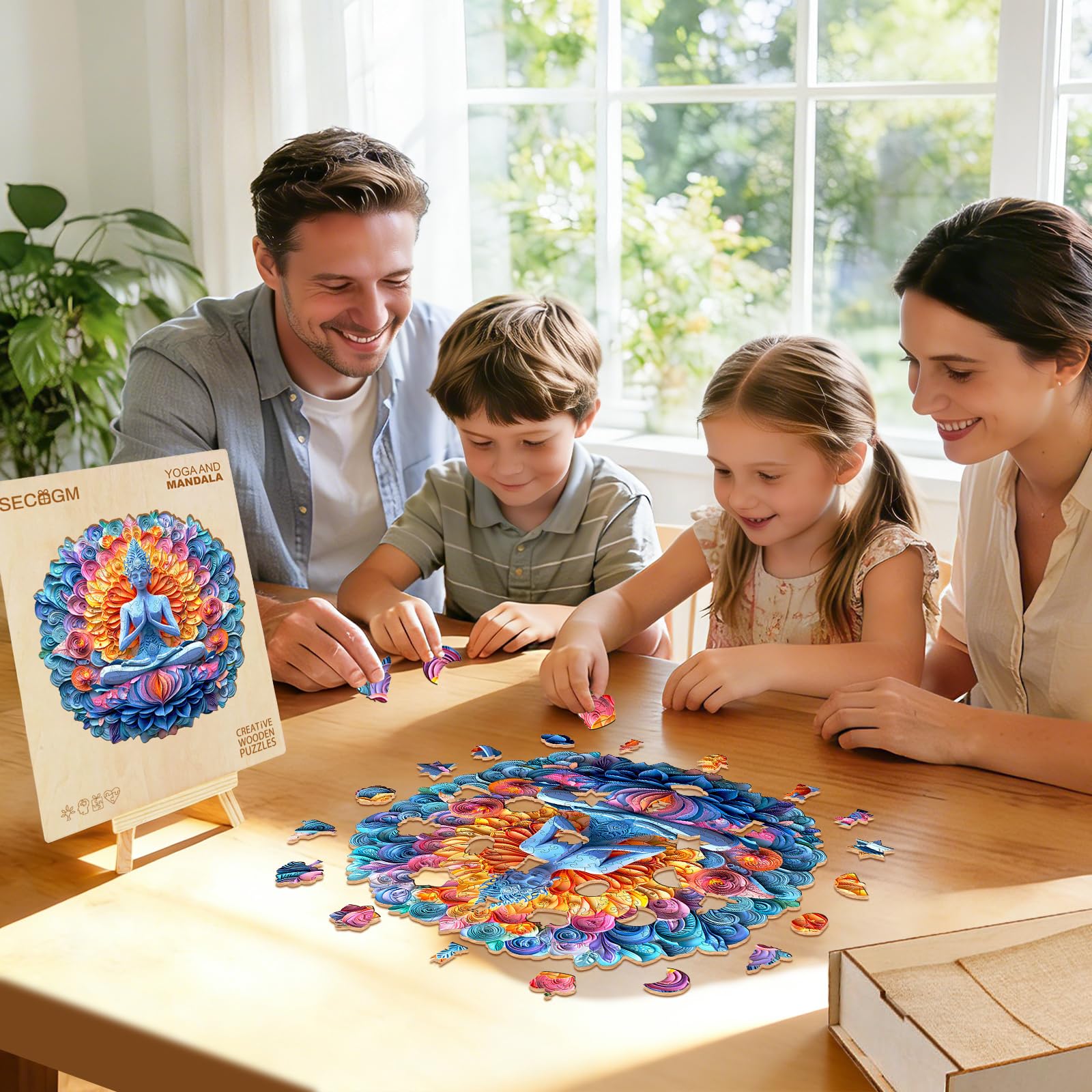Puzzles en bois pour adultes – Puzzle en bois mandala de yoga – Puzzle unique en forme d'animal en bois découpé – Décoration écologique pour la maison et le bureau (M-29 x 30 cm)
