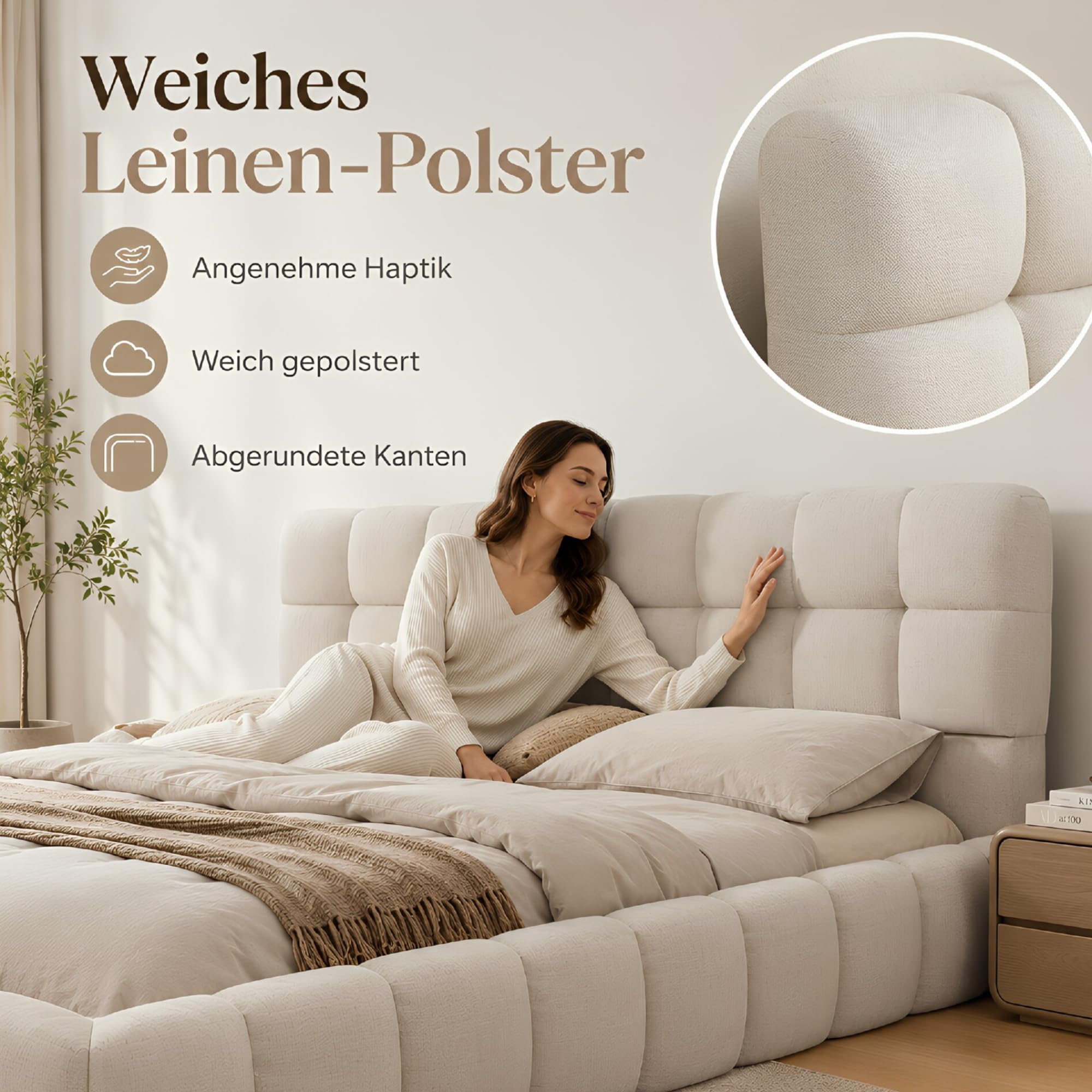 Cama tapizada Bubble de matrimonio (160 x 200 cm, incluye somier y respaldo suave), cama baja para jóvenes, estructura de cama de lino, sin colchón (Beige, 160 * 200)