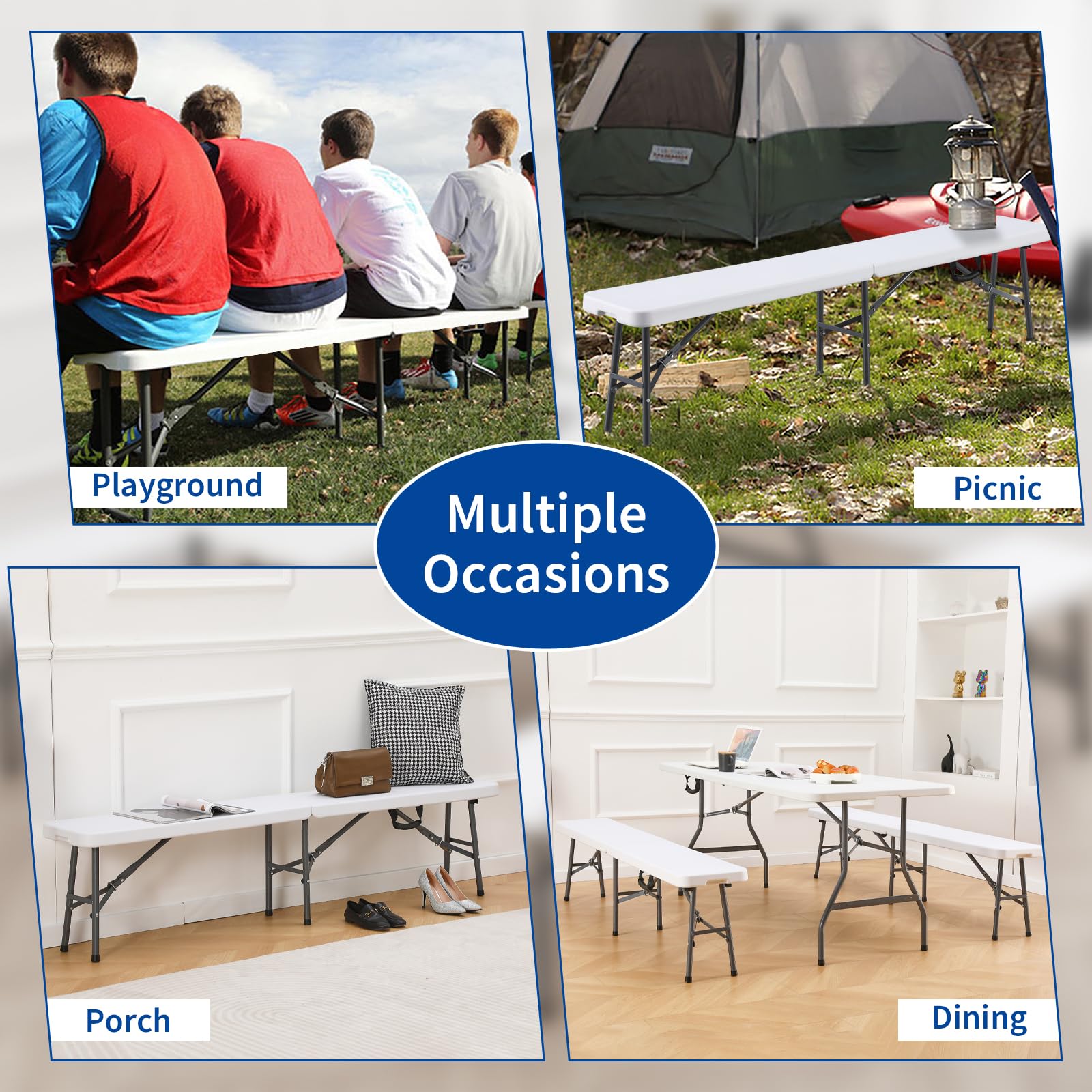 KAIHAOWIN Banc pliable en plastique blanc de 1,8 m avec poignée de transport, siège portable pour pique-nique, camping, salle à manger, fête