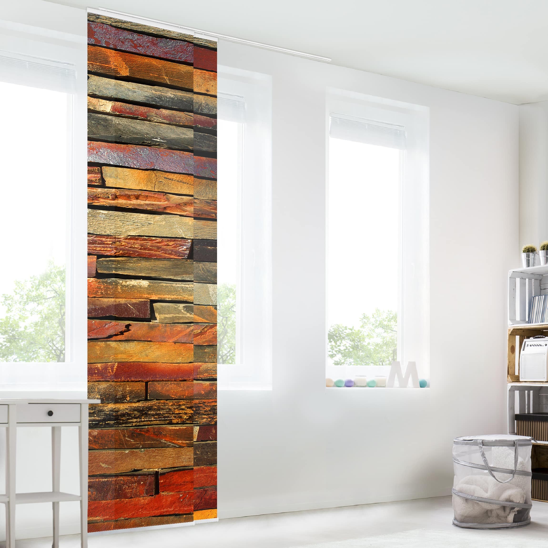 Schiebegardine halbtransparent 60er Paneel Klett Holzoptik Textil lichtdurchlässig - Motiv Vintage Flächenvorhang Wohnzimmer Schlafzimmer 1130 (120x250 cm - 2er Set)