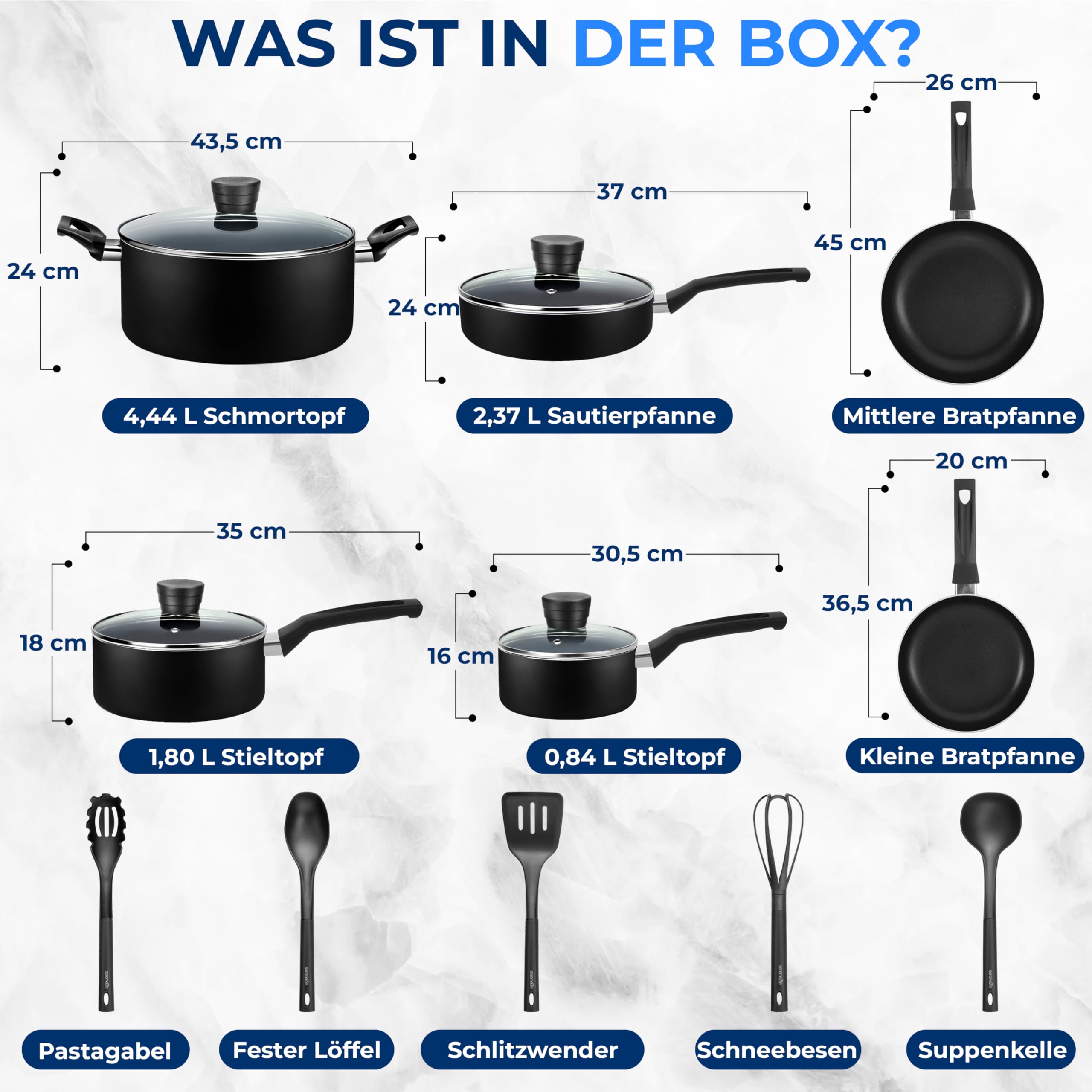 SereneLife Küchenutensilien, Basis-Topf und Pfannen, schwarze Antihaftbeschichtung im Inneren, hitzebeständige Lackierung (15-teiliges Set), eine Größe
