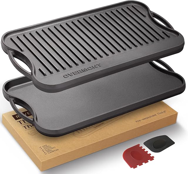 Overmont Pre-Seasoned Cast Iron Reversible Griddle Grill Pan with Handles for Gas Stovetop Open Fire Oven, 43.18*24.89CM (17x9.8") - One Tray, Scrapers Included