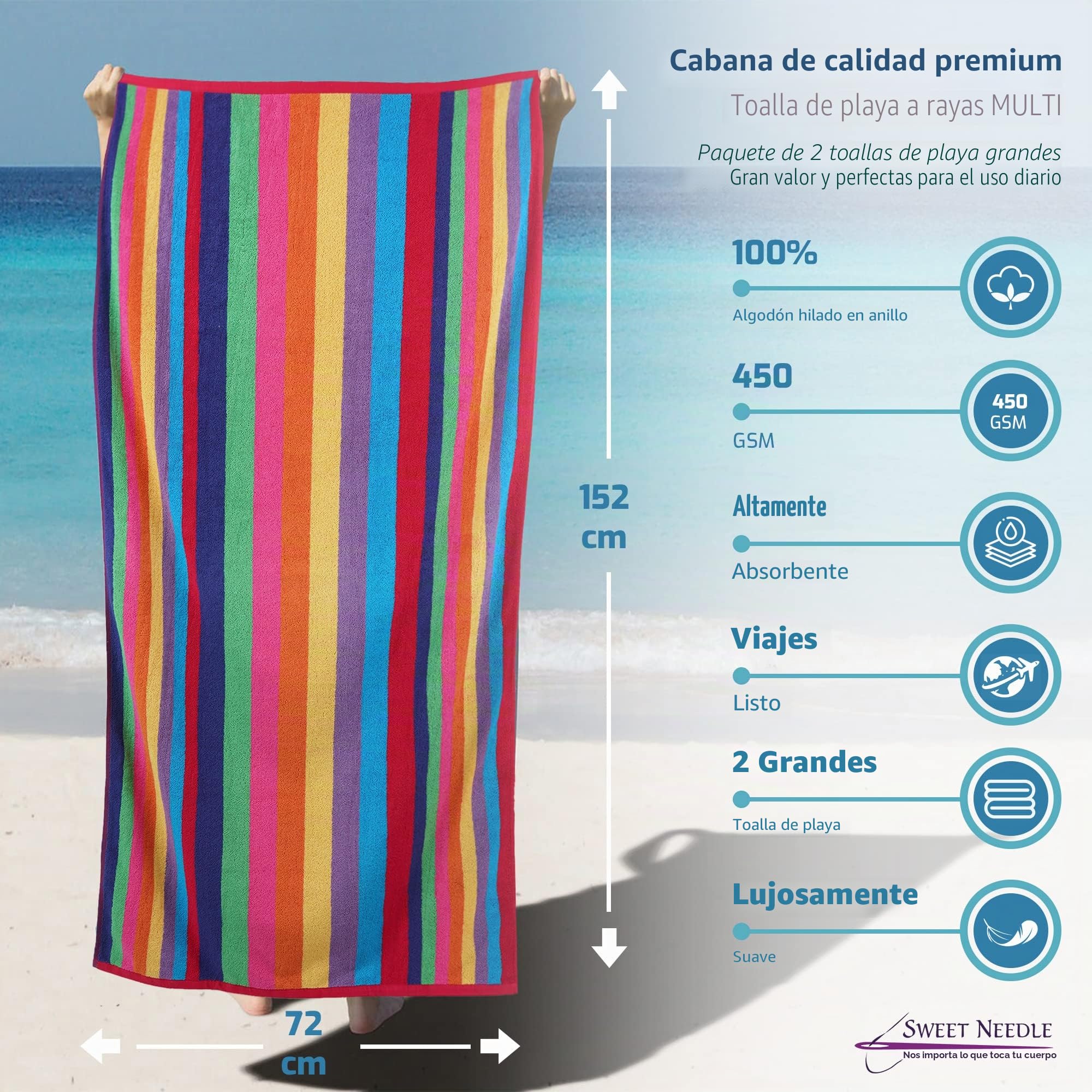 Sweet Needle Toallas de Playa para Adultos (Paquete de 4) - Verde Cristal Marino y Miami Vibe Cabana a Rayas clásicas - Toalla de Piscina 100% algodón Hilado en Anillo - 76 X 152 CM