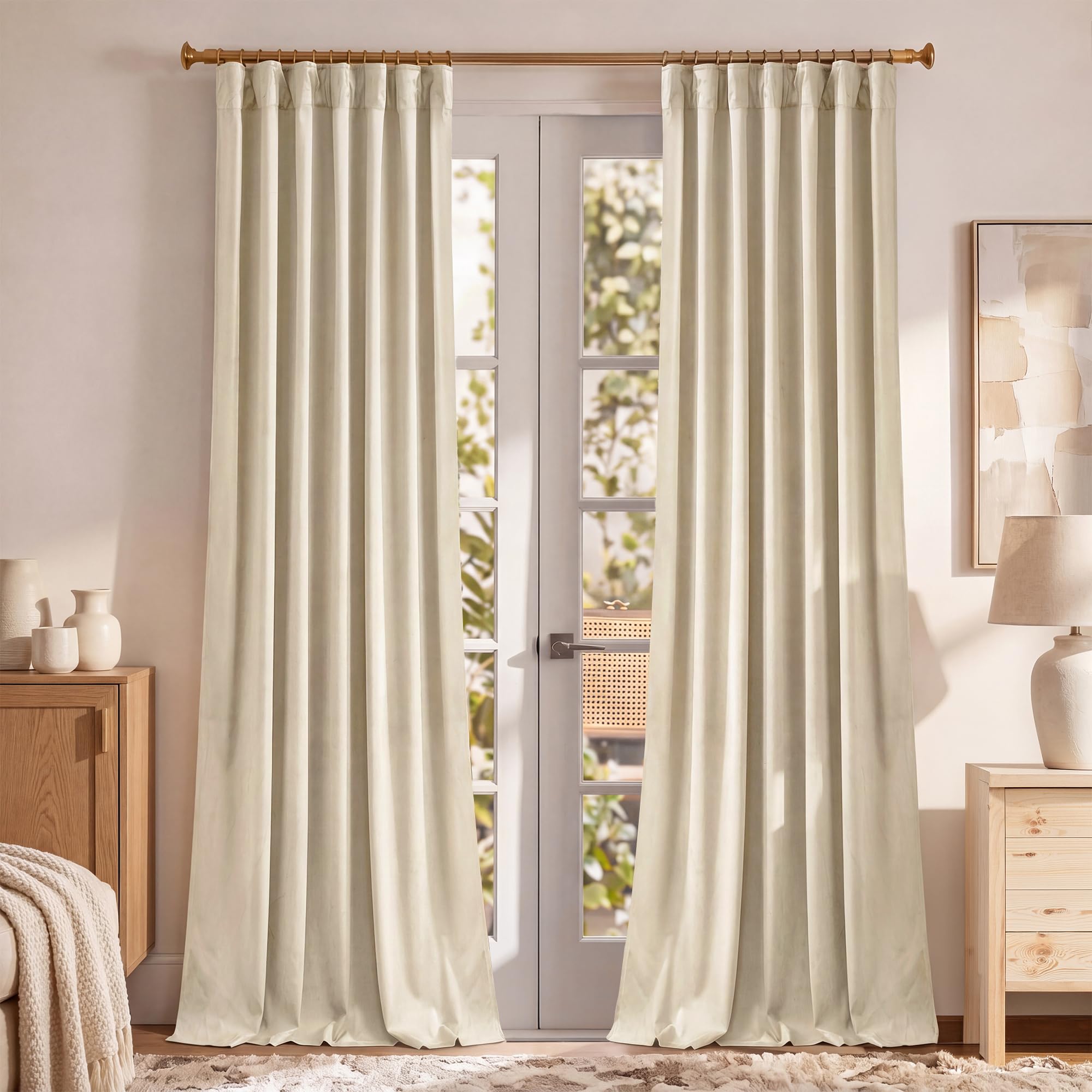 Photo 1 of RYB HOME Velvet Curtains 84 inches Long, Light Blocking Thermal Insulated Stylish Velvet Drapes with Hook Belt for Farmhouse Boho Decoration, Beige, 52" W x 84" L, 2 Panels Set