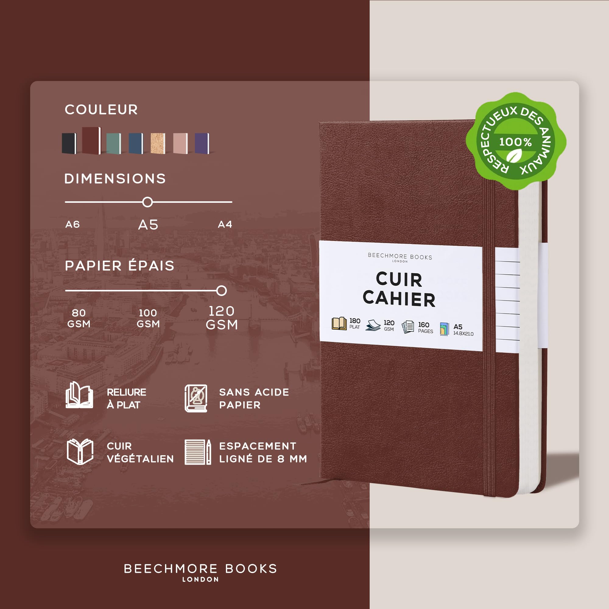 Carnet de Notes A5 Marron Couverture Rigide Cuir Vegan Papier Ligné 120 g/m² Beechmore Books