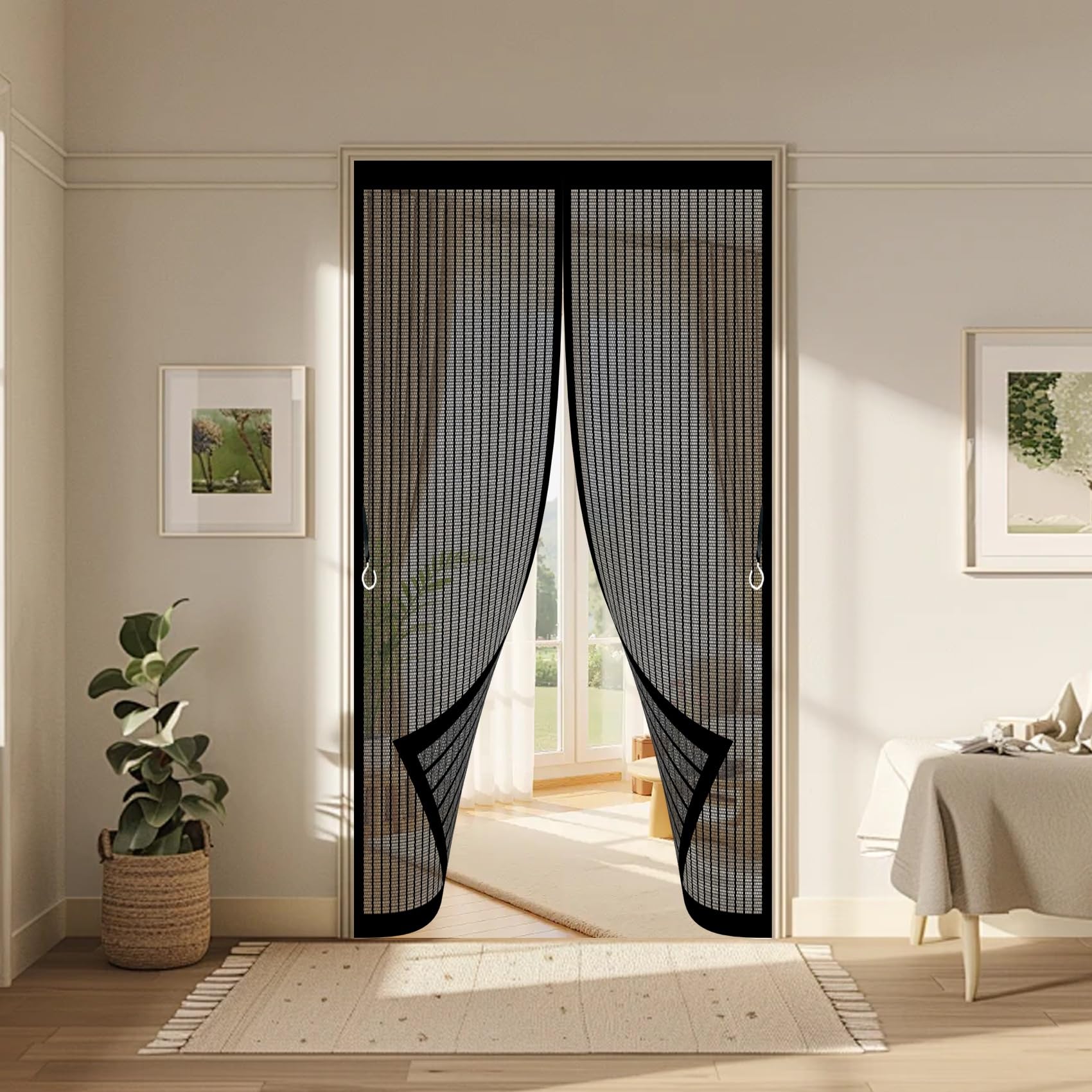 Fly Nets for Doors 145 x 246 cm with Powerful Magnets & Full Frame Magic Tape No Gap, Lets Fresh Air in, Keep Bugs Out Screen Mesh Curtain Fits Door for Patio Doors Bedroom, Black