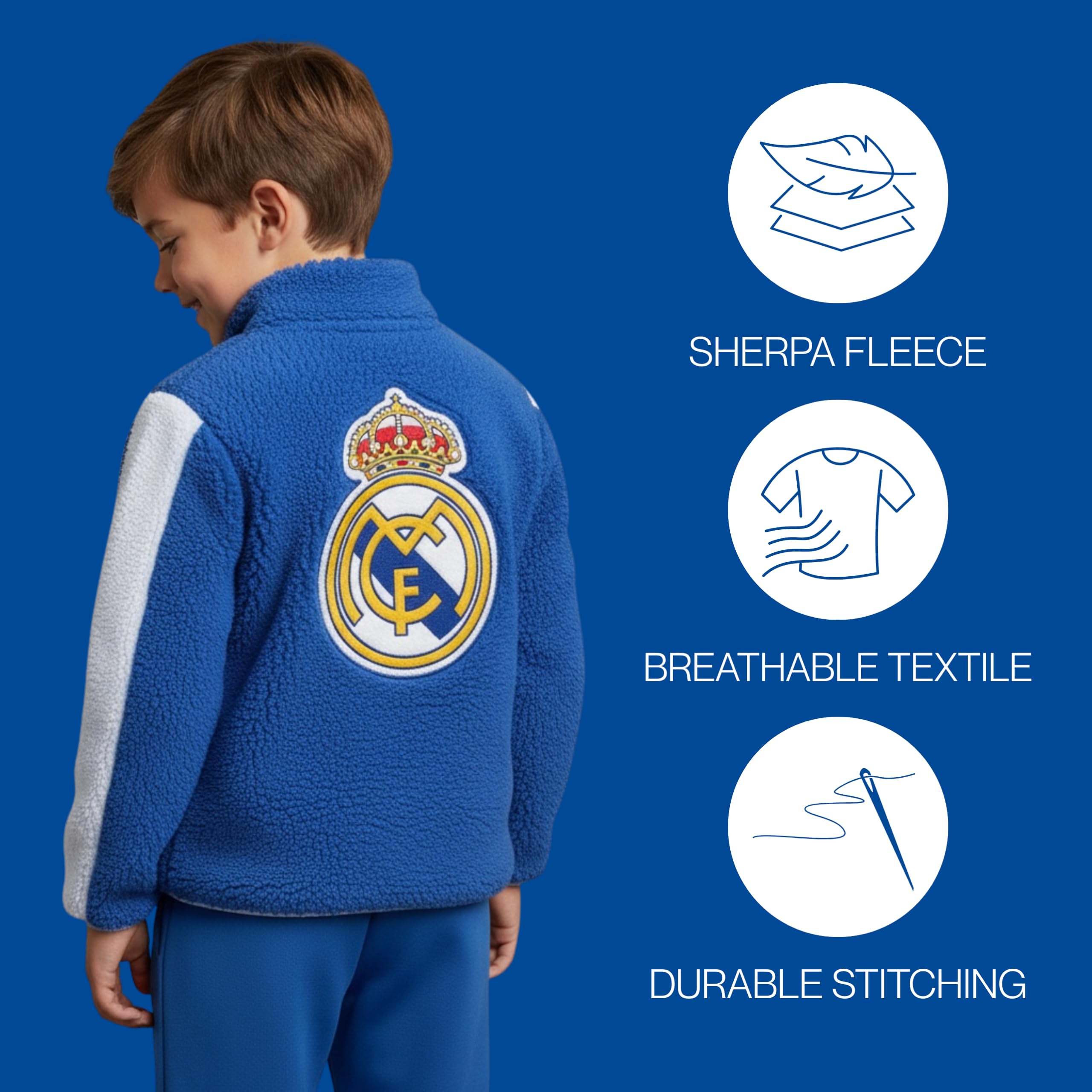 CF REAL MADRID Sudadera para Niño, Sueter Sudadera Diseño Textil Suave Polar Sherpa, Regalo para Niño, Tallas 4 a 10 Años