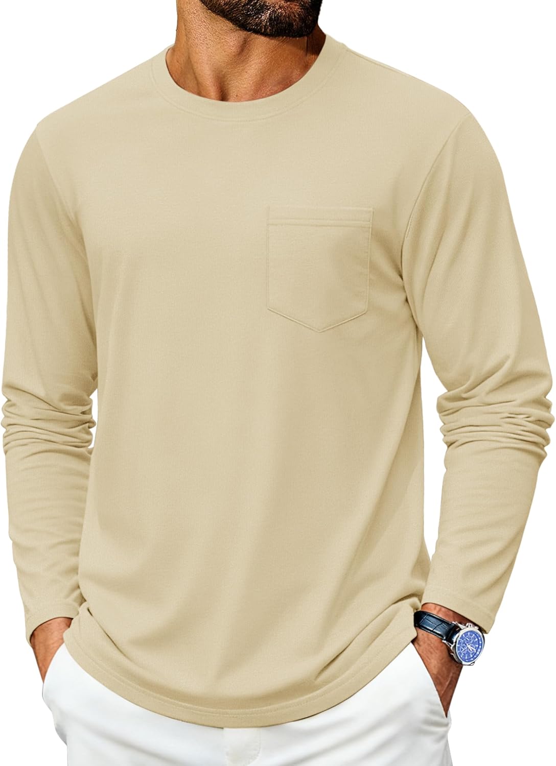 Cotrasen Men's Long Sleeve Shirts Cotton Crew Neck Pocket T Shirts Moisture Wicking Soft Comfort Casual Tee Shirts