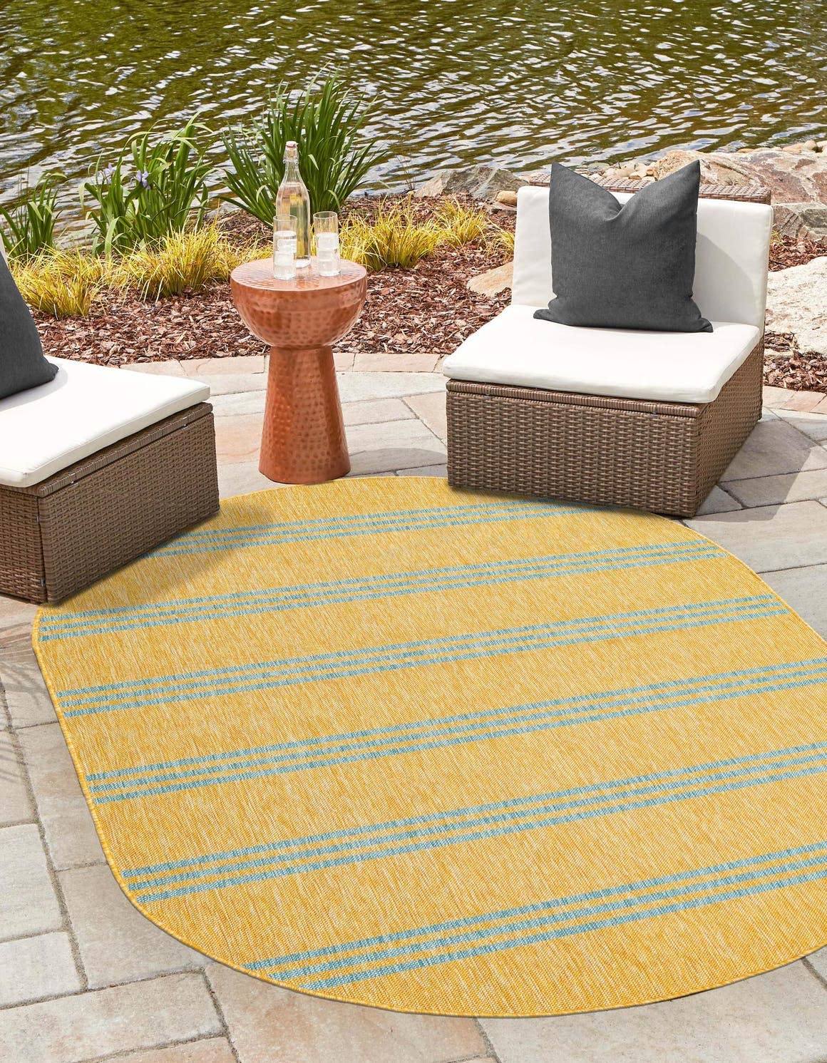 Unique Loom Outdoor Collection Area Rug - Anguilla (5' 3" x 8' Oval, Yellow and Aqua/Light Blue)
