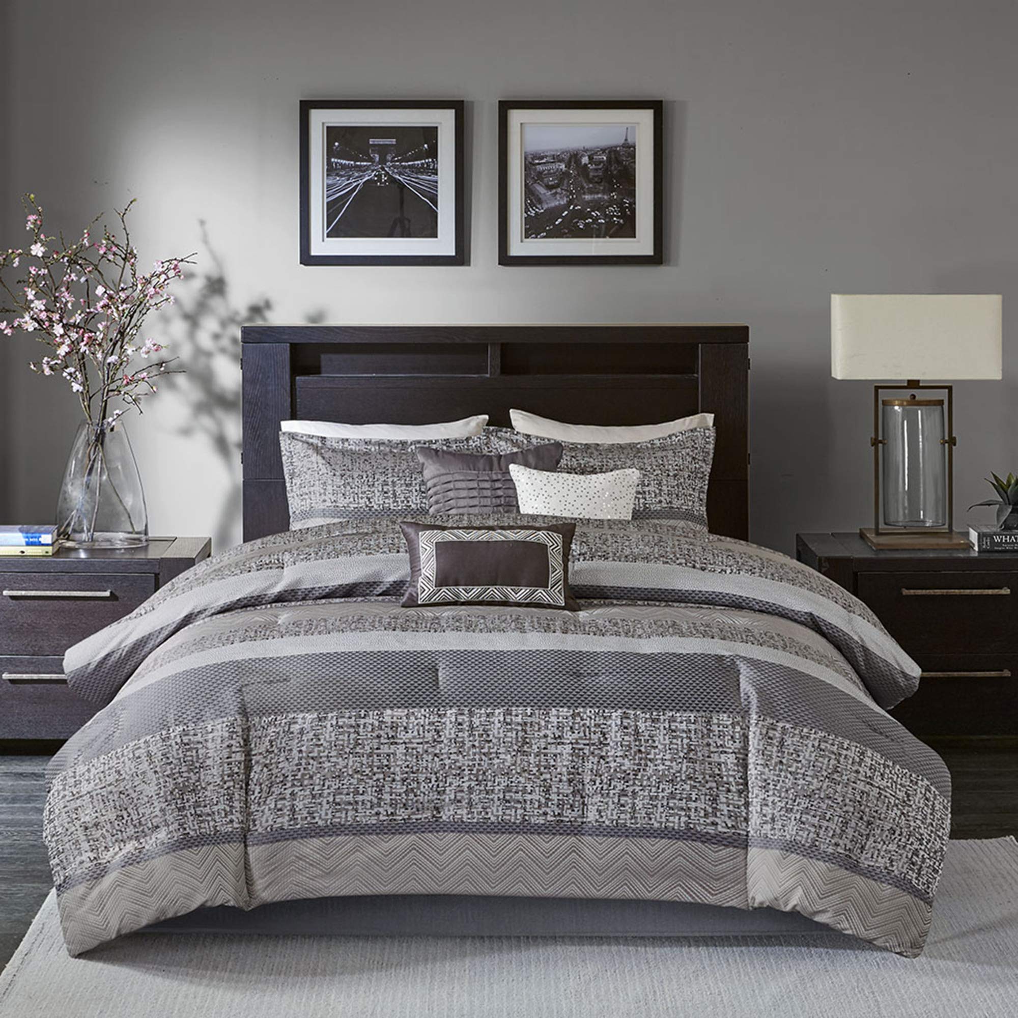 Madison Park Luxury Comforter Set-Traditional Jacquard Design All Season Down Alternative Bedding, Matching Bedskirt, Decorative Pillows, Queen(90"x90"), Rhapsody, Striped Grey/Taupe 7 Piece