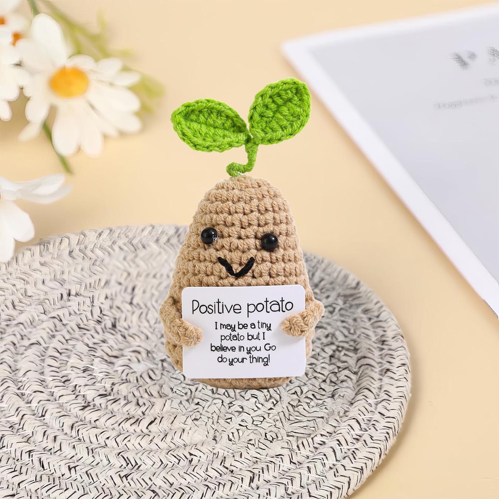 ZWWOGE Positieve aardappel, creatieve gebreide aardappelpositieve pop, mini-pluche figuren, grappige positieve potato pop, cadeaus voor vrouwen en mannen, cadeau, college, cadeau, collega, vrouw, met
