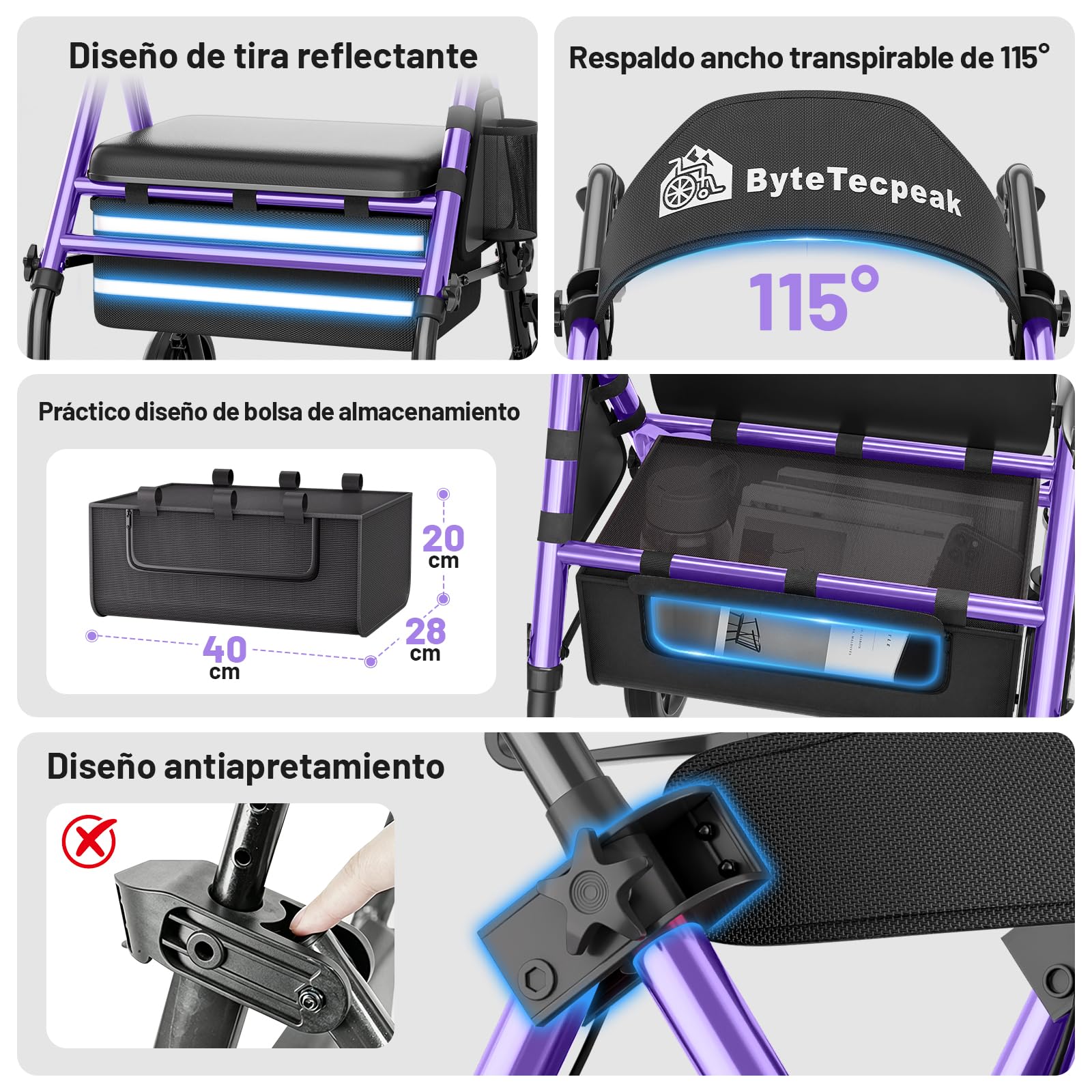 R4 Andador plegable para ancianos, andadores adultos, altura ajustable en 5 niveles en asiento y manillar, caminadores de 4 ruedas con freno, bolsa de almacenamiento, carga máxima 100KG (Morado)