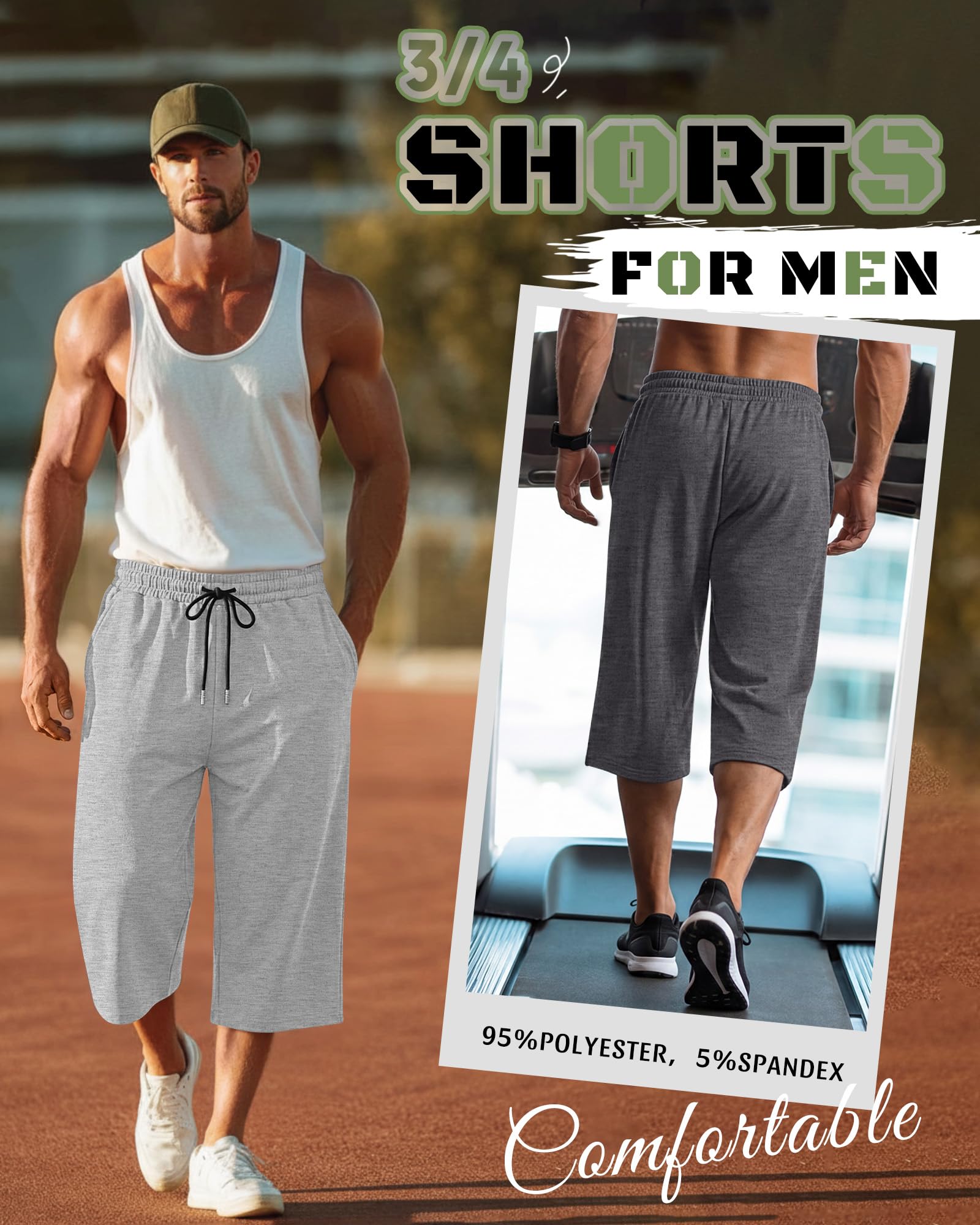 Neer Paquete de 3 pantalones capri holgados para hombre, talla grande, por debajo de la rodilla, casuales, 3/4, pantalones cortos grandes y altos, pantalones de verano con cordón y bolsillos