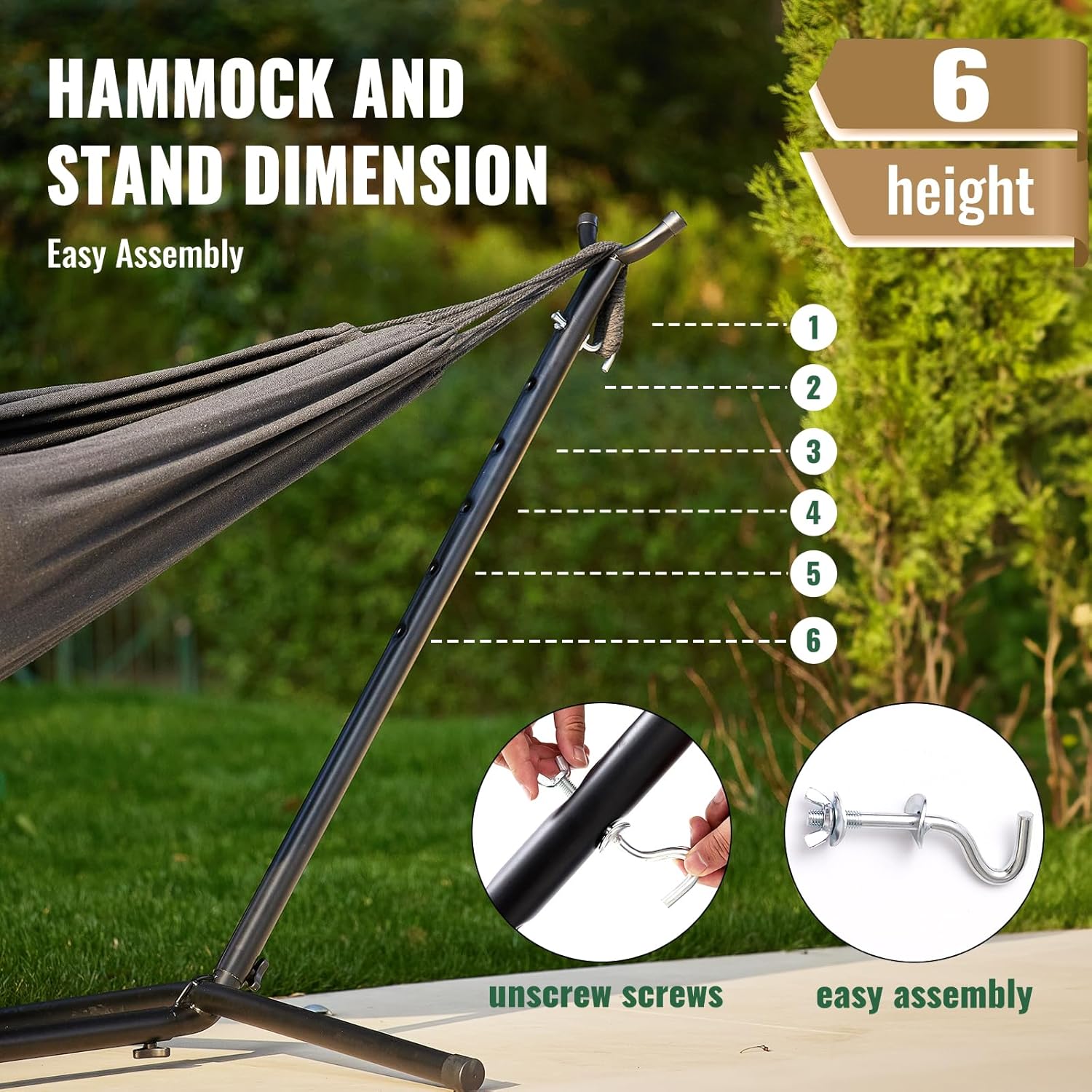 EchoSmile Double Hammock with Detachable Stand - 480 lbs Heavy Duty 2 Person Hammock Adjustable Hooks Indoor Outdoor Stand Hammock Durable Steel Frame - Gray