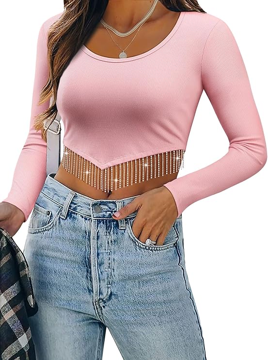 ZXZY Women Soft Ribbed Sparkly Rhinestone Fringe Long Sleeve