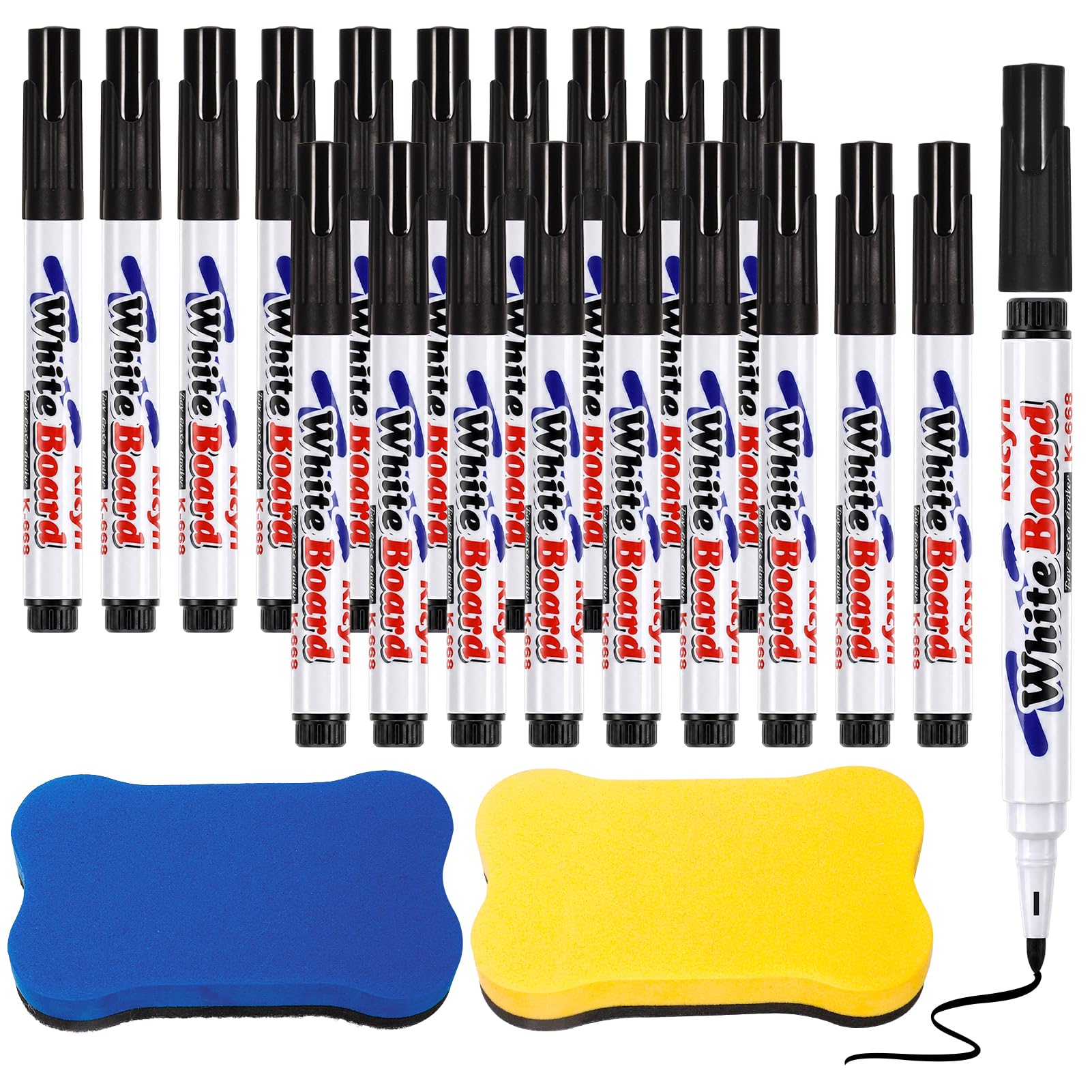 Candcamp 12 Pcs Black Fine Tip Whiteboard Pens with 2 Magnetic Erasers