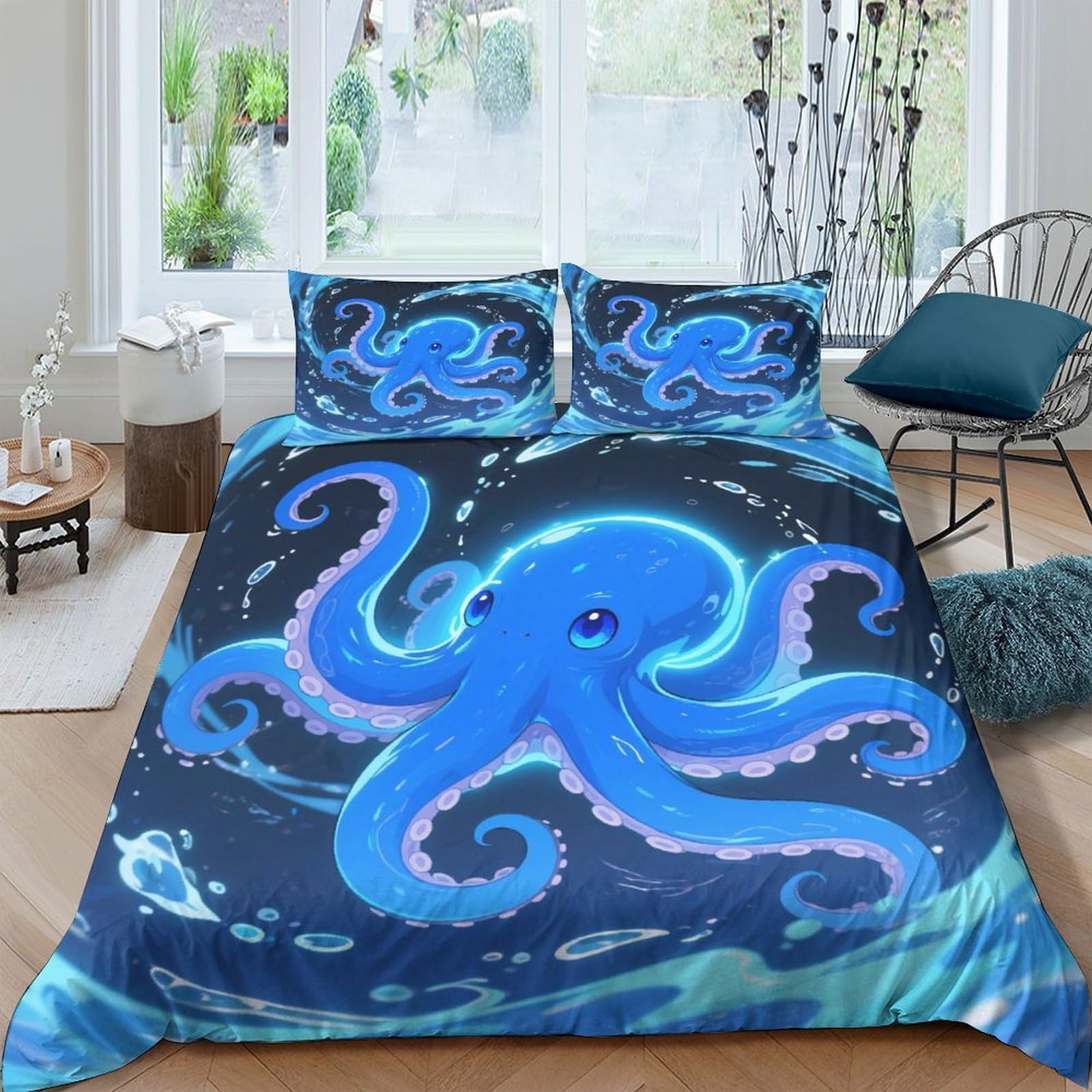 Ctjqhvkz Style-10 3D Printed Blue Octopus Fitted Sheet Microfiber Soft Artistic Ocean Sea Mattress Cover For Bedroom Dorm Bed Protection Decor Single（135X200cm）