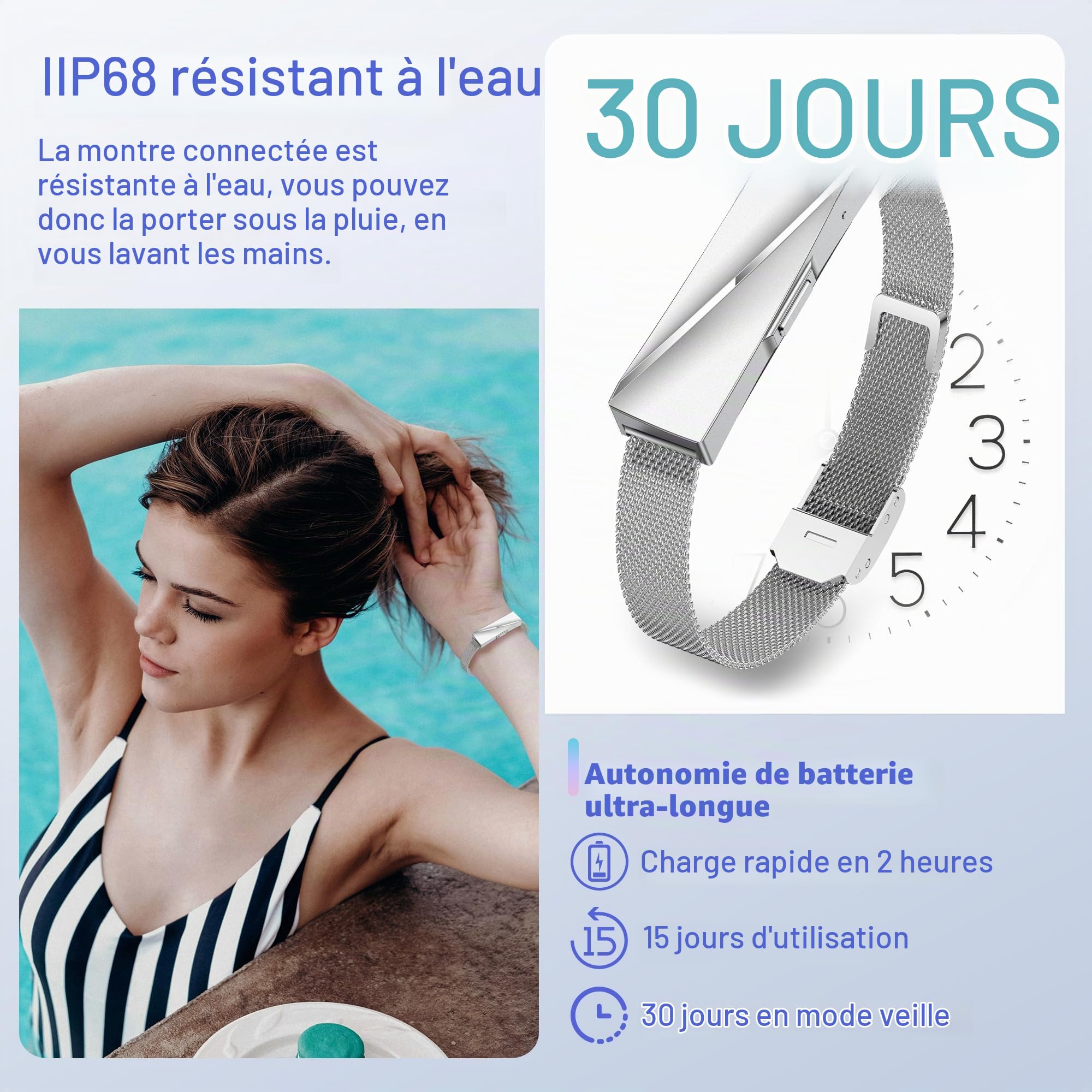 Montre Connectée Femme 170+ Sportifs, GPS Bracelet Tracker Podomètre Cadeau | notification bluetooth, spo2, fréquence cardiaque, sommeil, cycle menstruel, fitness tracker android/ios