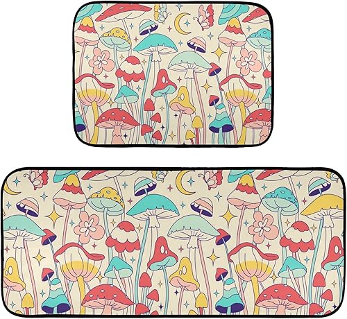ZENWAWA Juego de 2 tapetes de cocina antifatiga, diseño de hongos garabatos, impermeables, antideslizantes, estéticos, decorativos