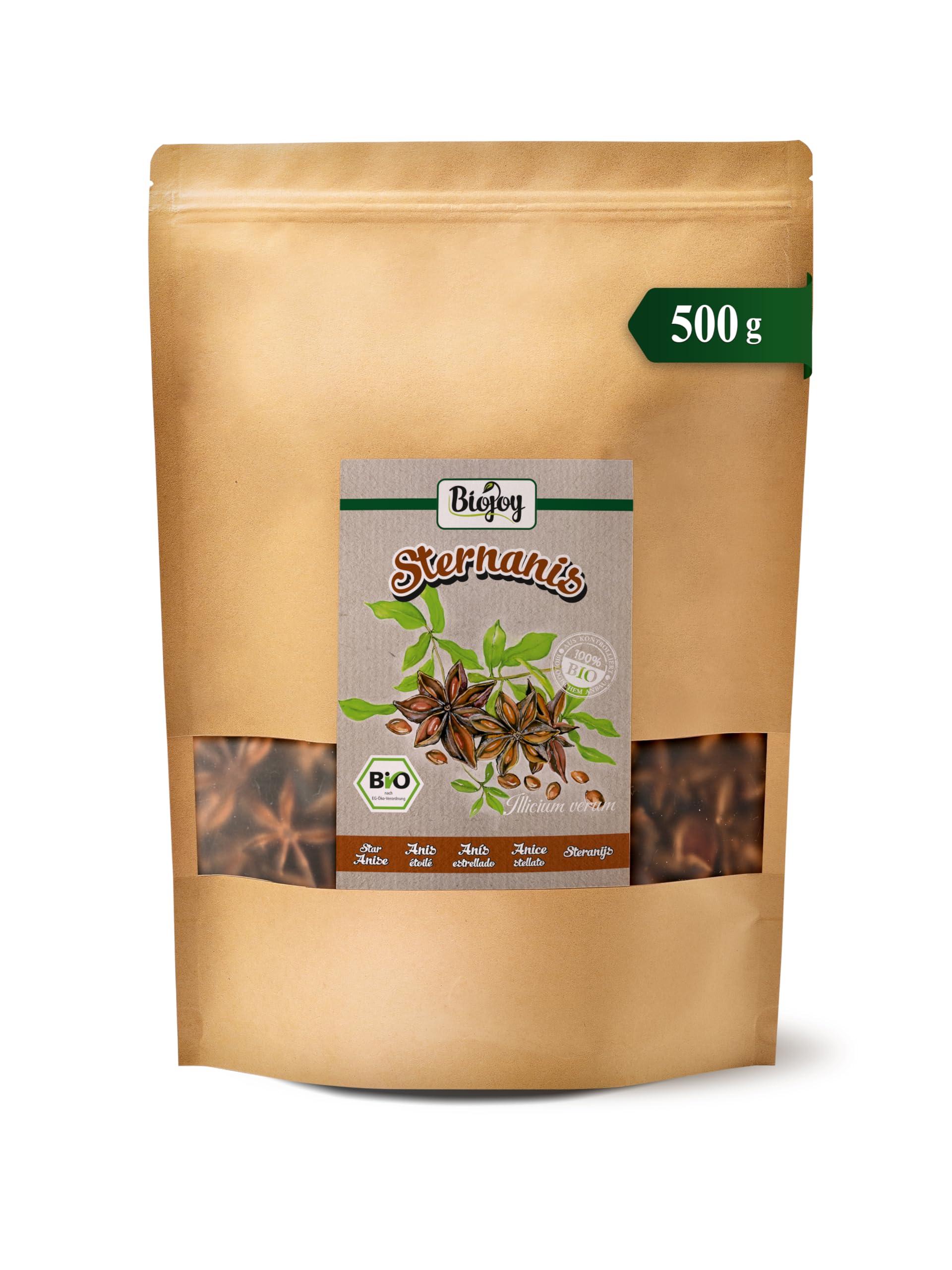 Biojoy BIO-Anis étoilé entière (500 g), thé d'anis, sans additifs (Illicium verum)