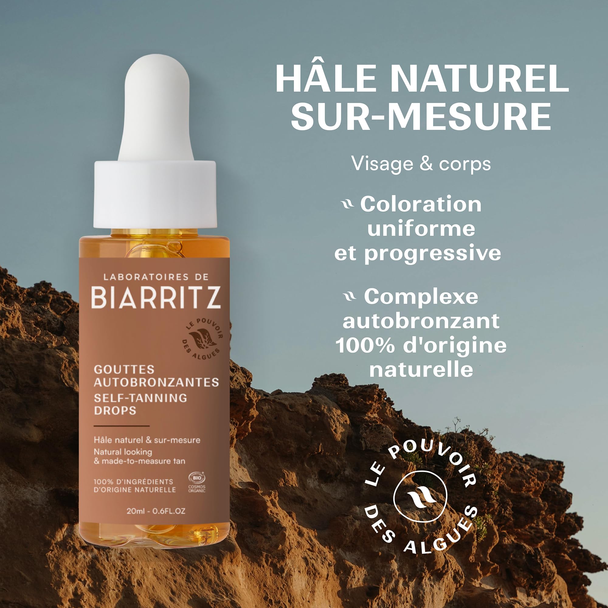 Laboratoires de Biarritz Gouttes Autobronzantes Certifiées Bio 20 ml | Visage et Corps, Teint Hâlé et Sur-Mesure, Certifiées Bio, Fabriquées en France