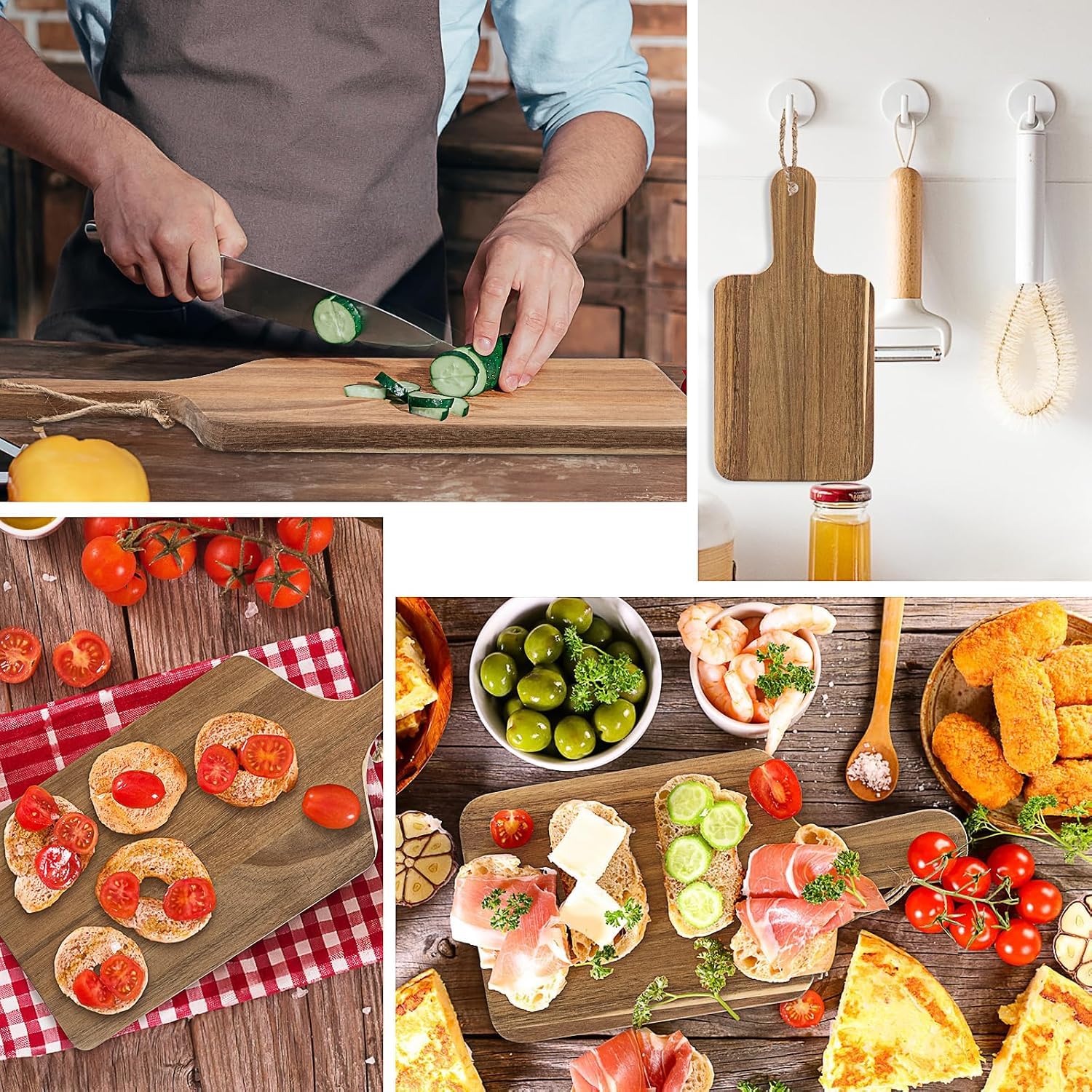 10er Set Akazienholz Schneidebrett mit Griff, 2 Größen Küchenschneidebrett Holz, Groß Servierbrett Holz für Fleisch Brot Gemüse Käse Tapas Pizza (40x17 / 30x15cm)