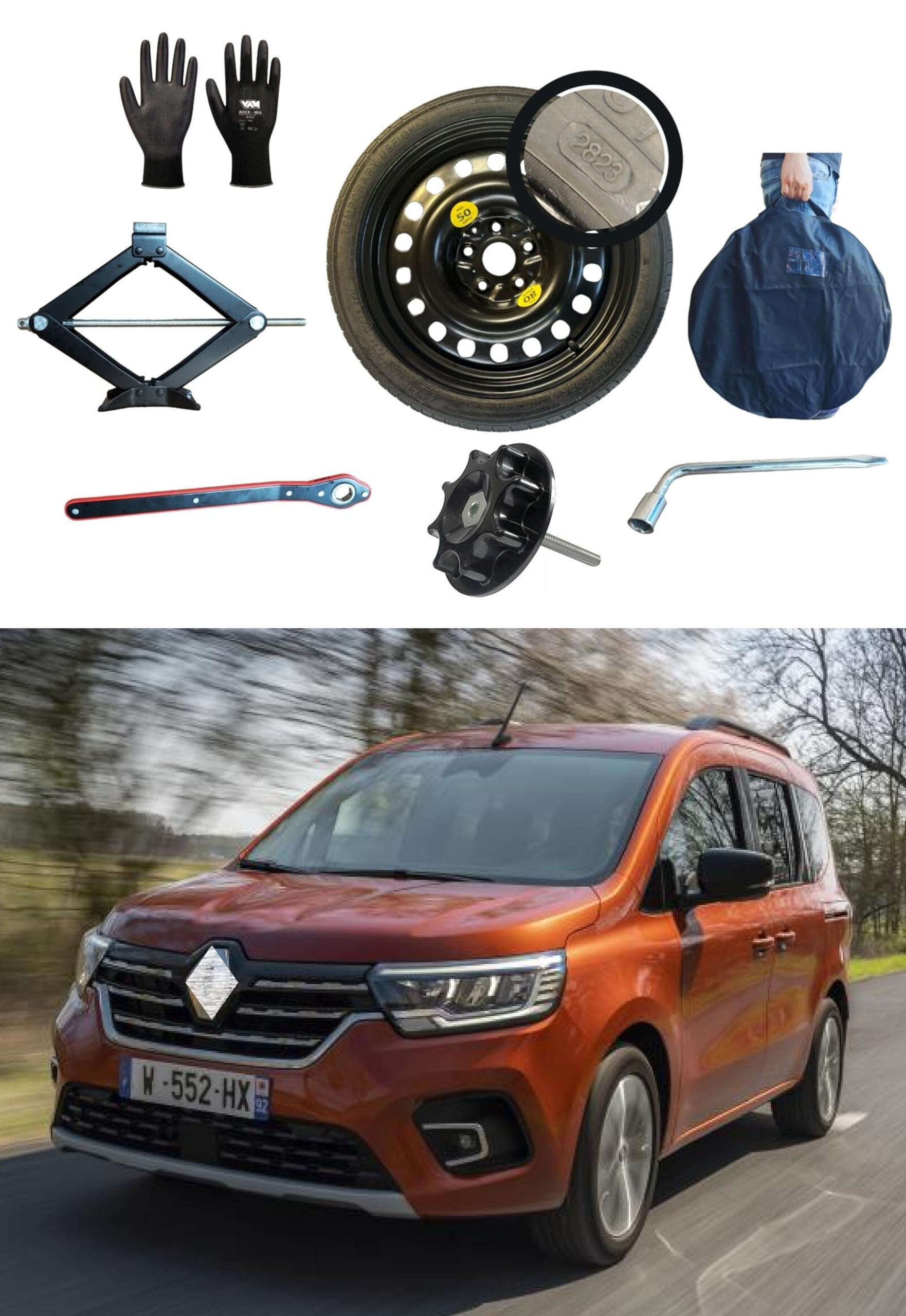 D'ANGELO 1988 Kit de roue d'escorte 17"" compatible avec Renault Kangoo II (2008-2020) avec Cric, Clé, Vis, Gants et Sac