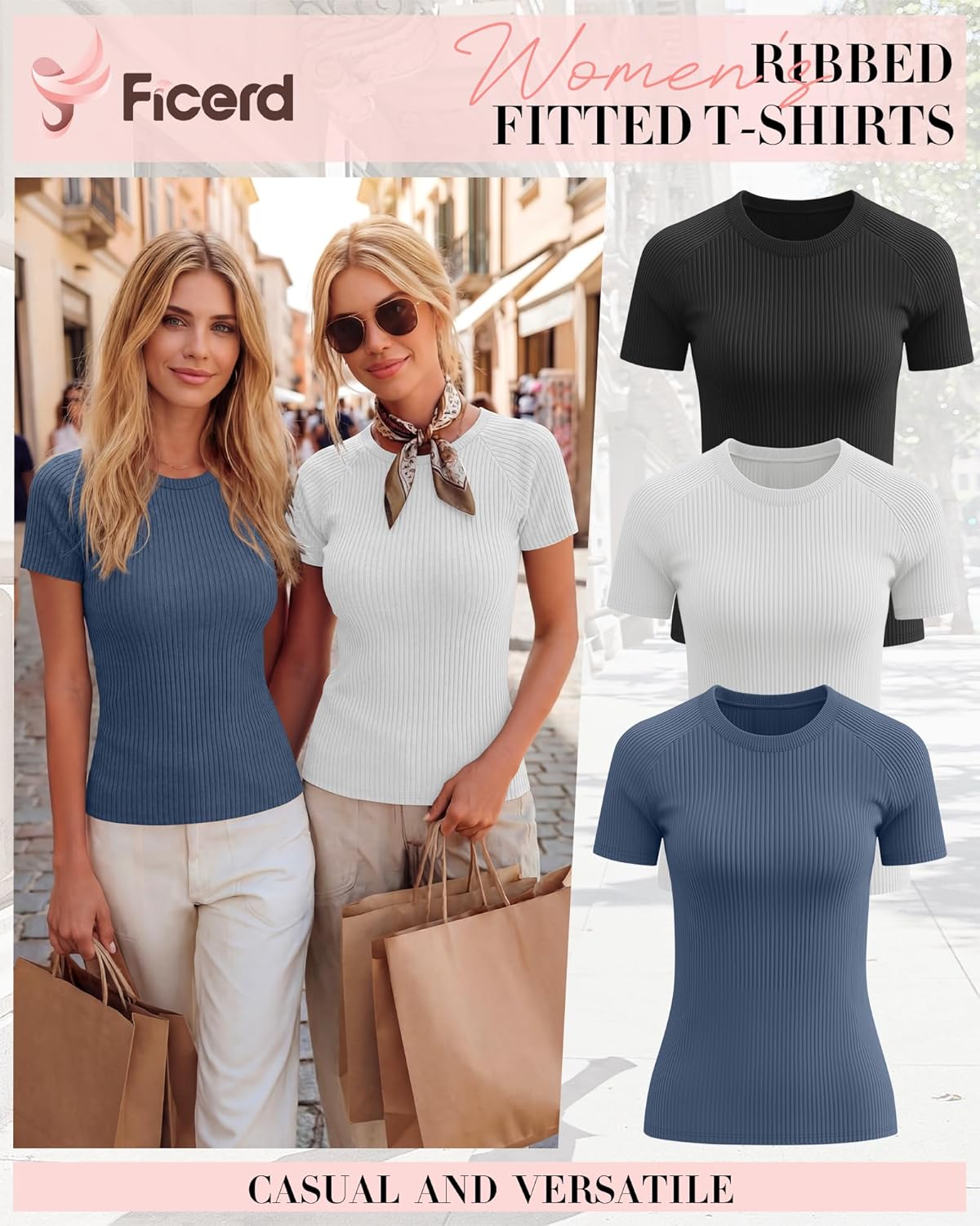 Ficerd 3 Pack Women's Ribbed T-Shirts Short Raglan Sleeve Cotton Tight Basic Tees Crewneck Slim Fit Tops Casual Summer Shirts - Image 3