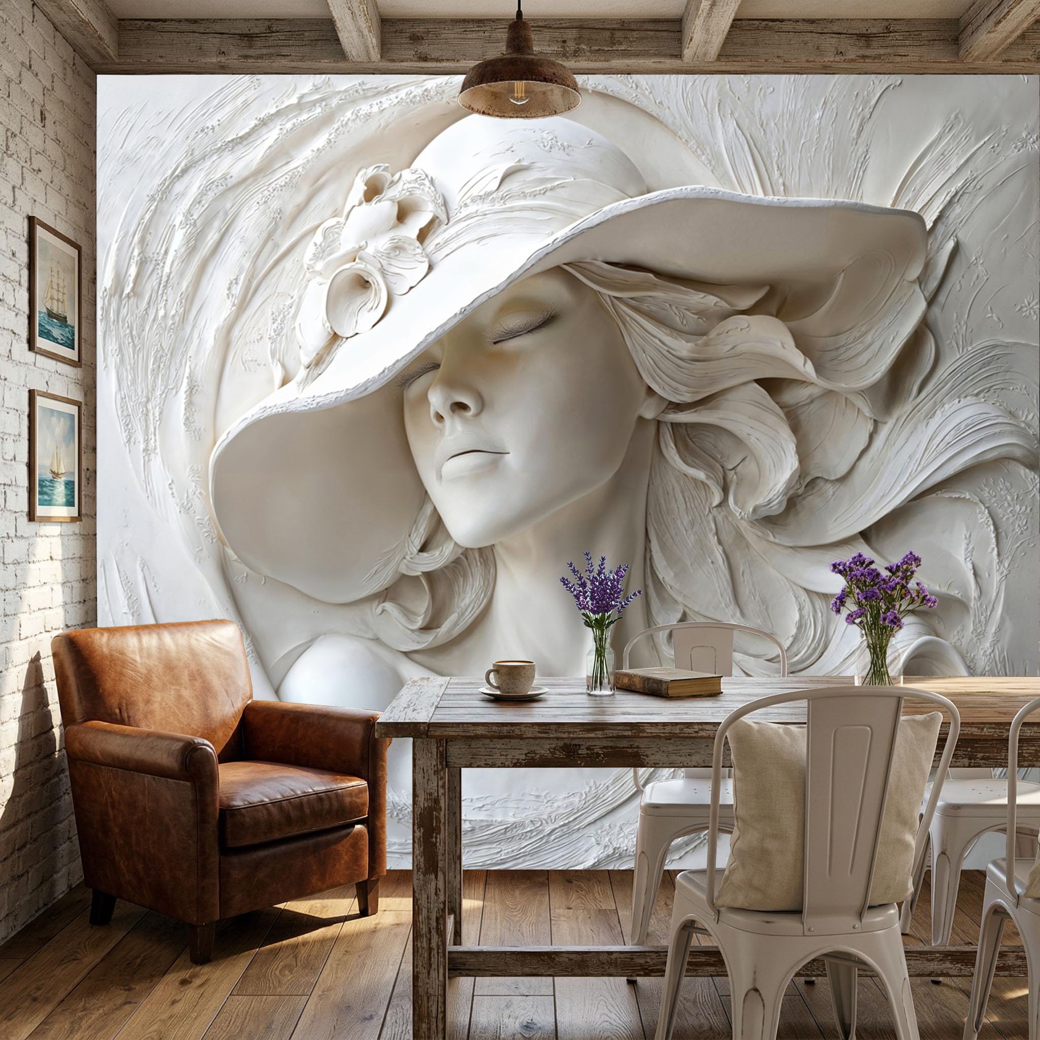 3D Carta Da Parati Panoramica Una Donna Elegante Con Il Cappello, 300x210cm Carta Da Parati in Seta Arte Del Rilievo Classica, Decor Murali per Camera, Soggiorno, Poster Xxl Da Parete Grande Affiche