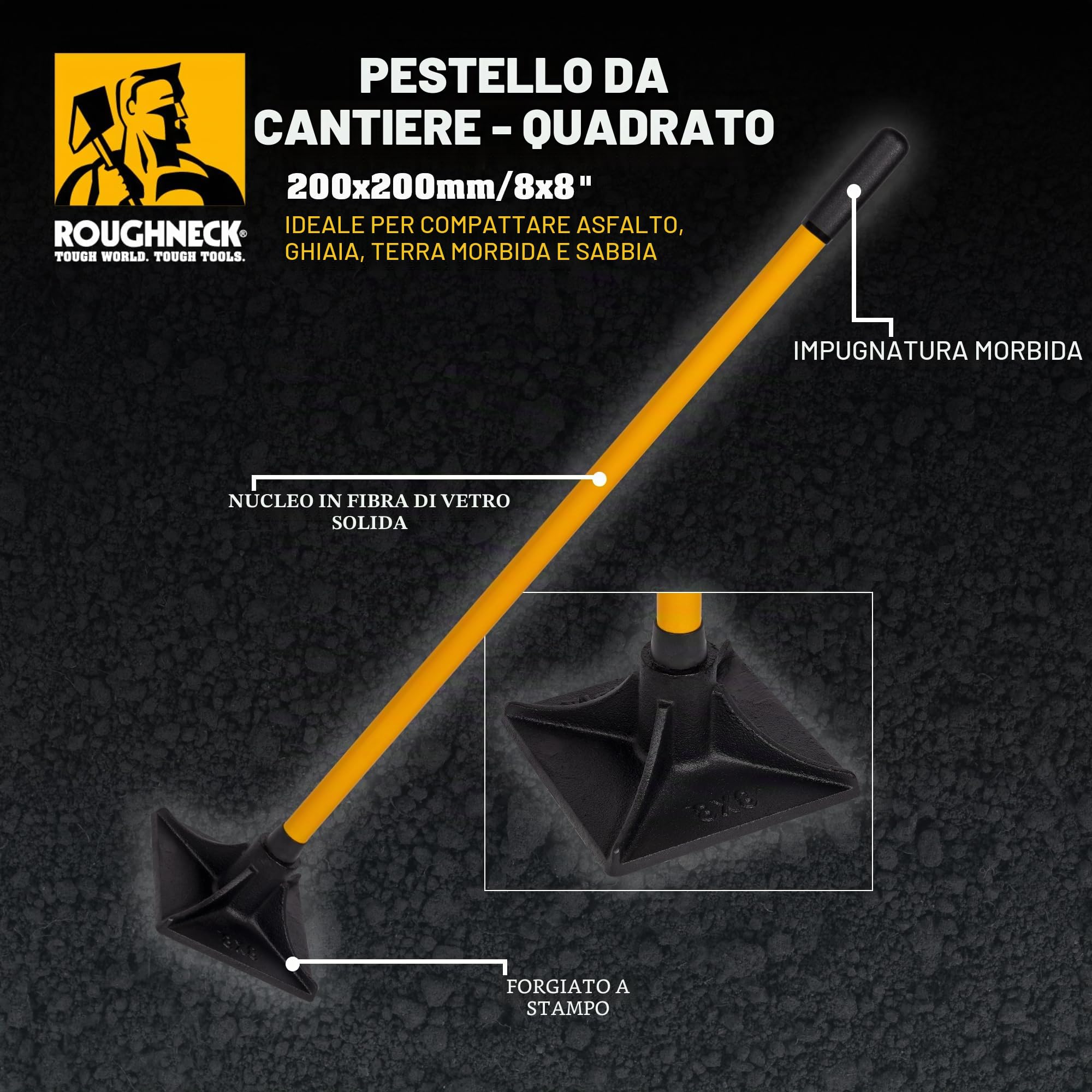 Compattatore da cantiere Roughneck ROU64379, per asfalto, ghiaia, terra e sabbia - Quadrato 200x200mm / 8x8"