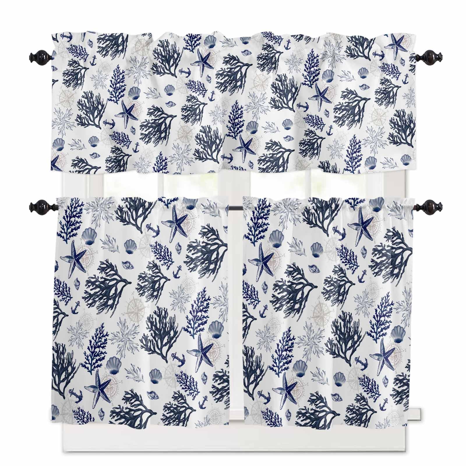 Navy Blue Coastal Kitchen Curtains 36 Inch Length, 3 Piece Rod Pocket Small Half Tiers and Valance Set, Coral Shell Summer Beach Nautical Small Large Window Treatment Decor for Bedroom/Bathroom Sink
